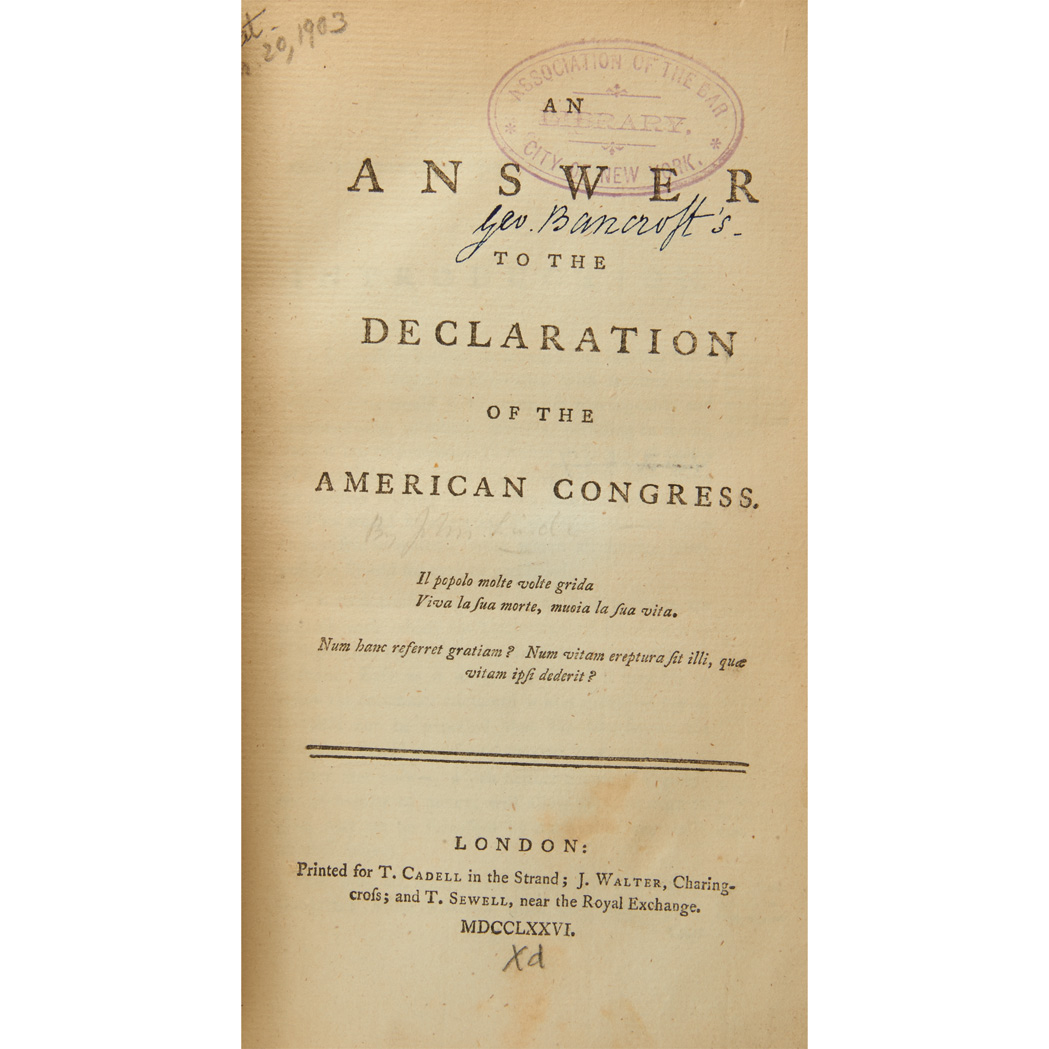 Lot image - [COLONIAL - GEORGE BANCROFT'S COPIES]  [OTIS, JAMES]. Considerations on behalf of the colonists in a letter to a noted lord