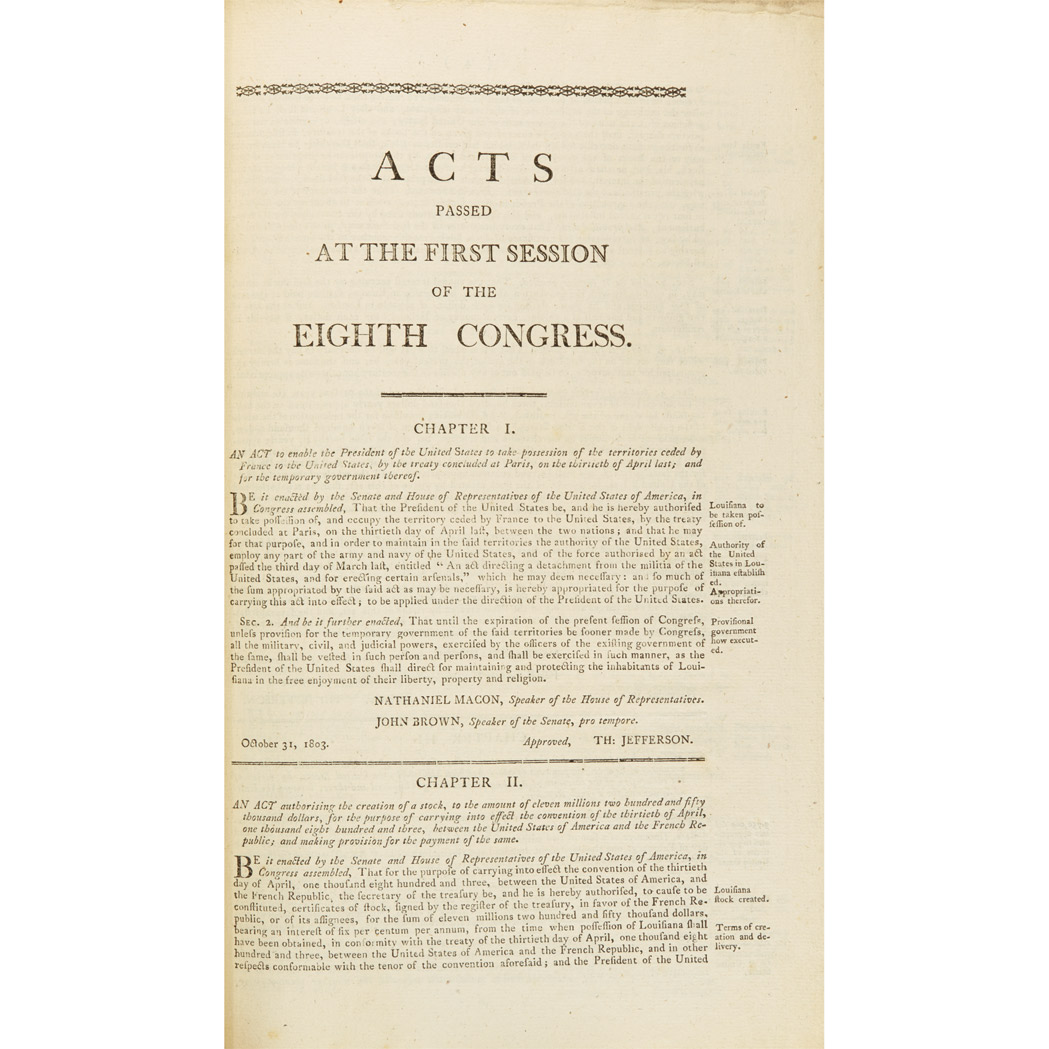 Lot image - [UNITED STATES - LOUISIANA PURCHASE]  Acts Passed at the First [... Second] Session of the Eighth Congress of the United States ... in the Year 1803