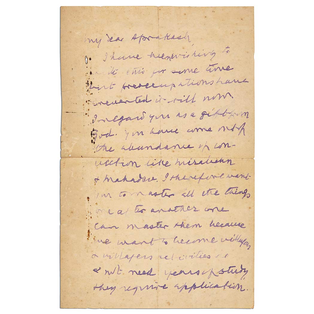 Lot image - GANDHI, MOHANDAS K[ARAMCHAND].  Autograph letter signed as "Bapu"