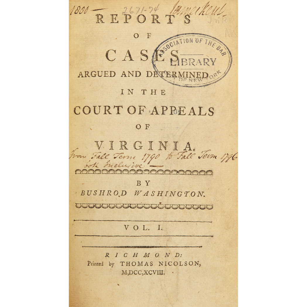 Lot image - [VIRGINIA - KENT, JAMES]  WASHINGTON, BUSHROD. Reports of Cases Argued and Determined in the Court of Appeals of Virginia