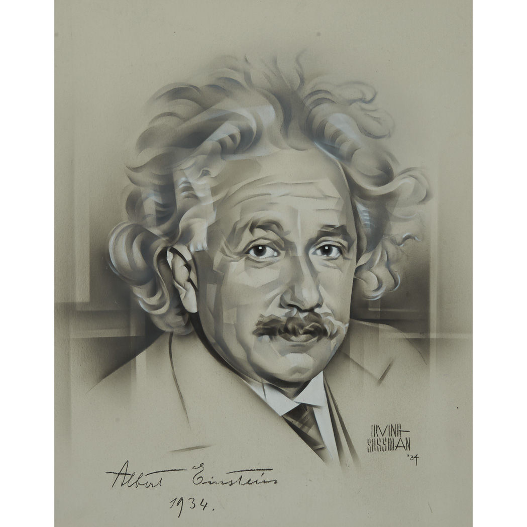 Lot image - EINSTEIN, ALBERT  Portrait of Einstein in grisaille rendered in airbrush on illustration board by Irving Sussman, signed and dated 1934