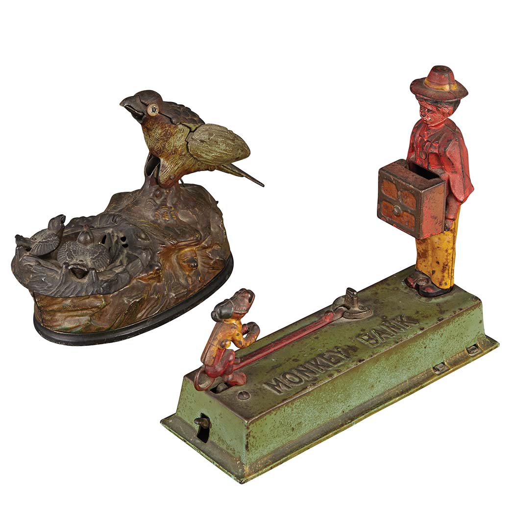 Lot image - Two Cast Iron Banks, Monkey and Eagle with Eaglets