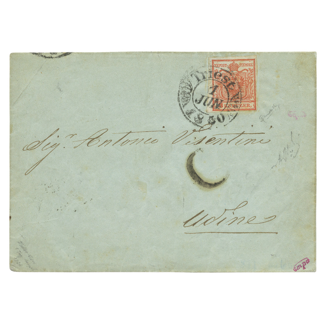 Lot image - Austria 1850 3 Kr. Red Tied on First Day Cover Scott 3