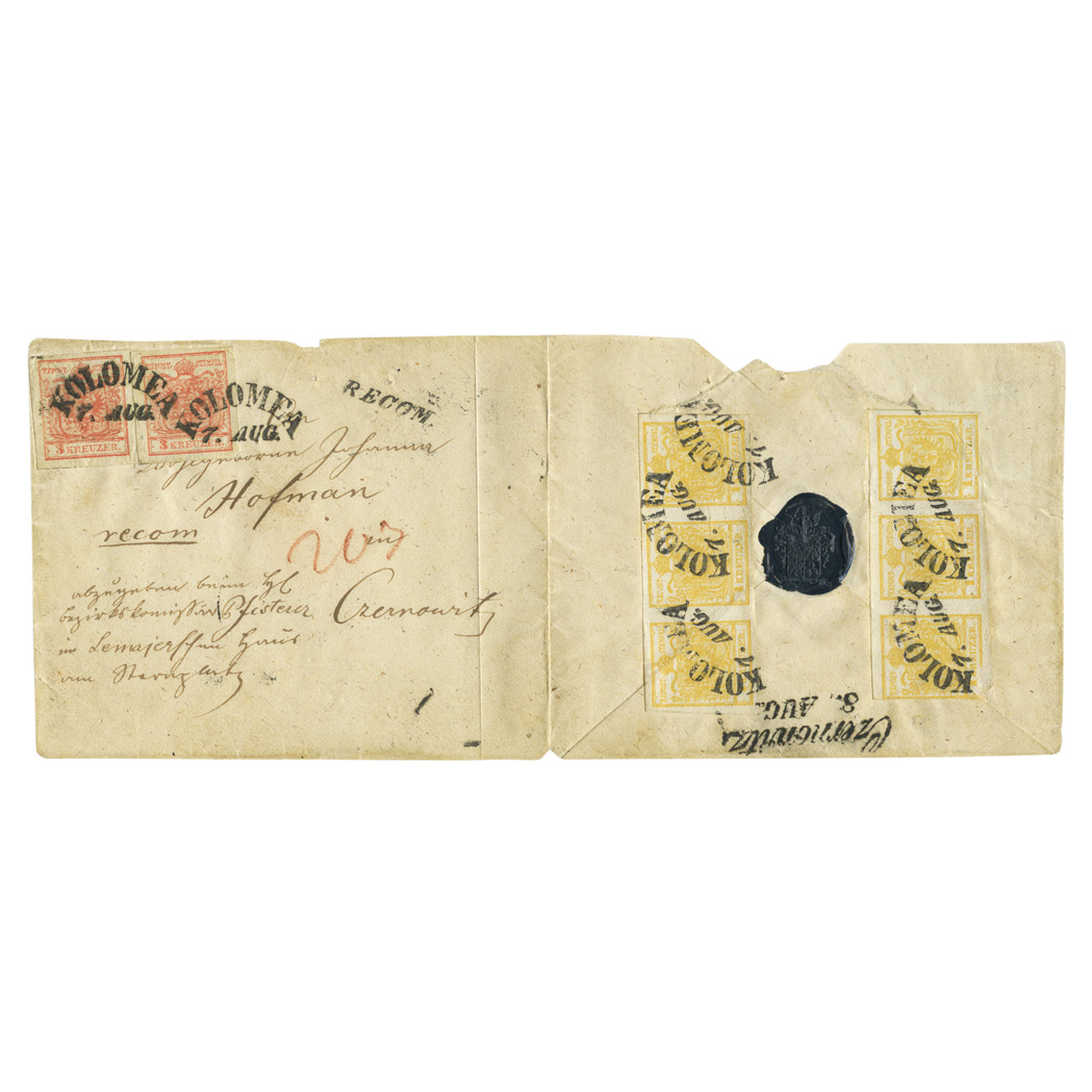 Lot image - Austria 1850 1 Kr. Yellow and 3 Kr. Red Multiple Franking Scott 1 and 3