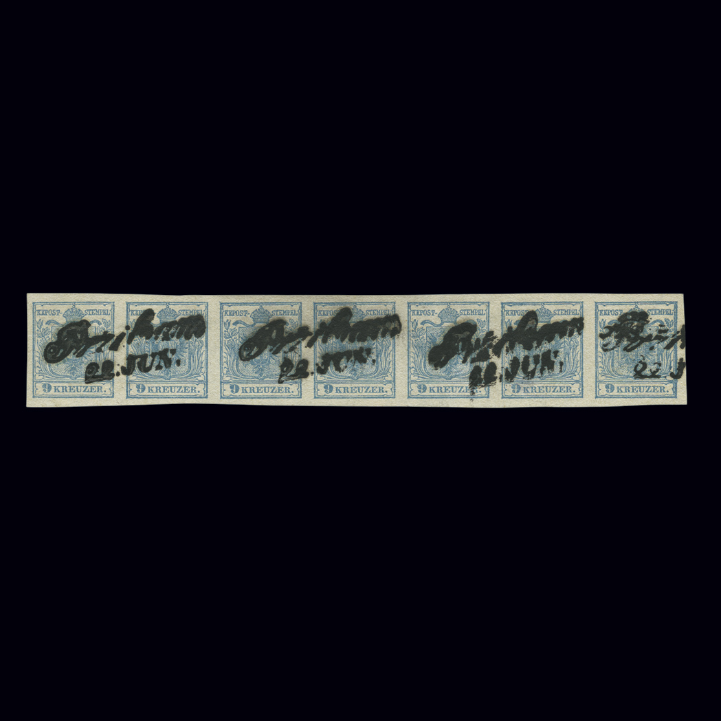 Lot image - Austria 1850 9 Kr. Blue Type 111 Horizontal Strip of Seven Scott 5 Var, ANK 5 Hd