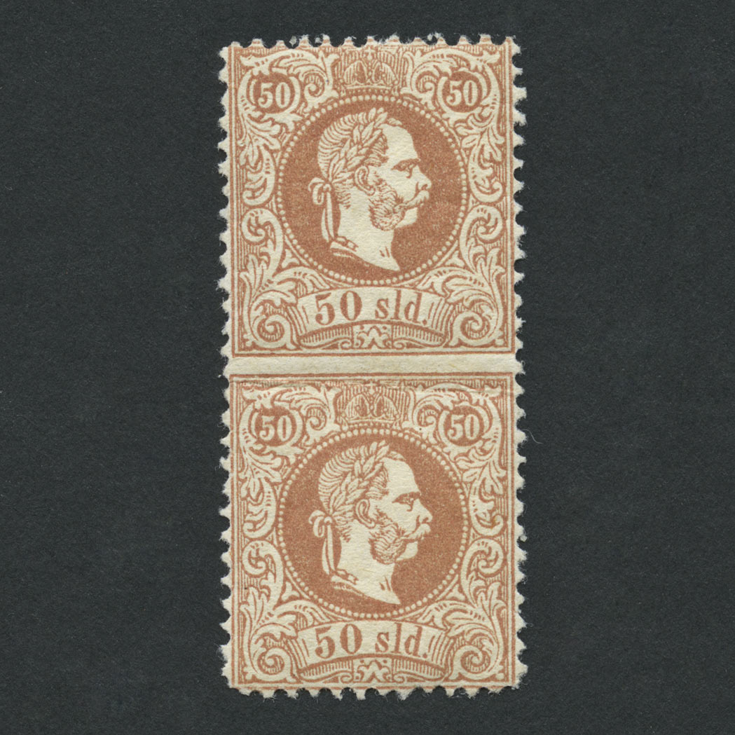 Lot image - Austria Offices in the Turkish Empire 1867 50 Soldi Brown Vertical Pair Imperforate Between Scott 7m