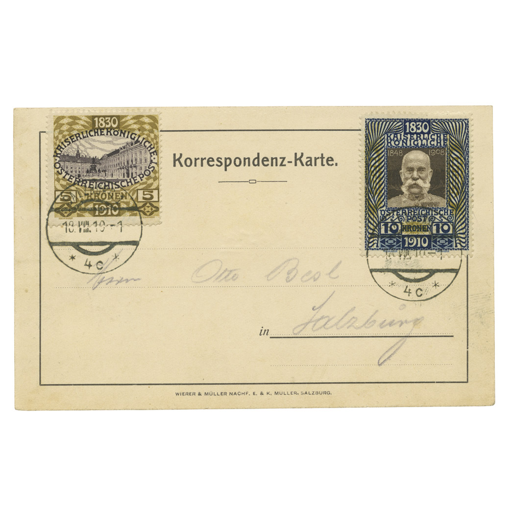 Lot image - Austria 1910 Birthday Jubilee Set Tied by First Day Cancels Scott 128-144