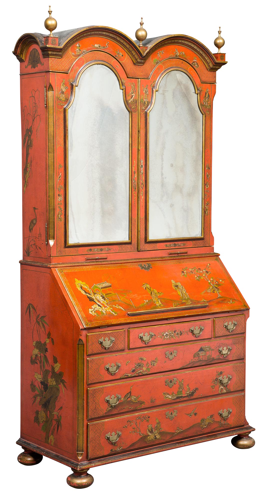 Lot image - George I Style Red Lacquer and Parcel-Gilt Bureau Cabinet