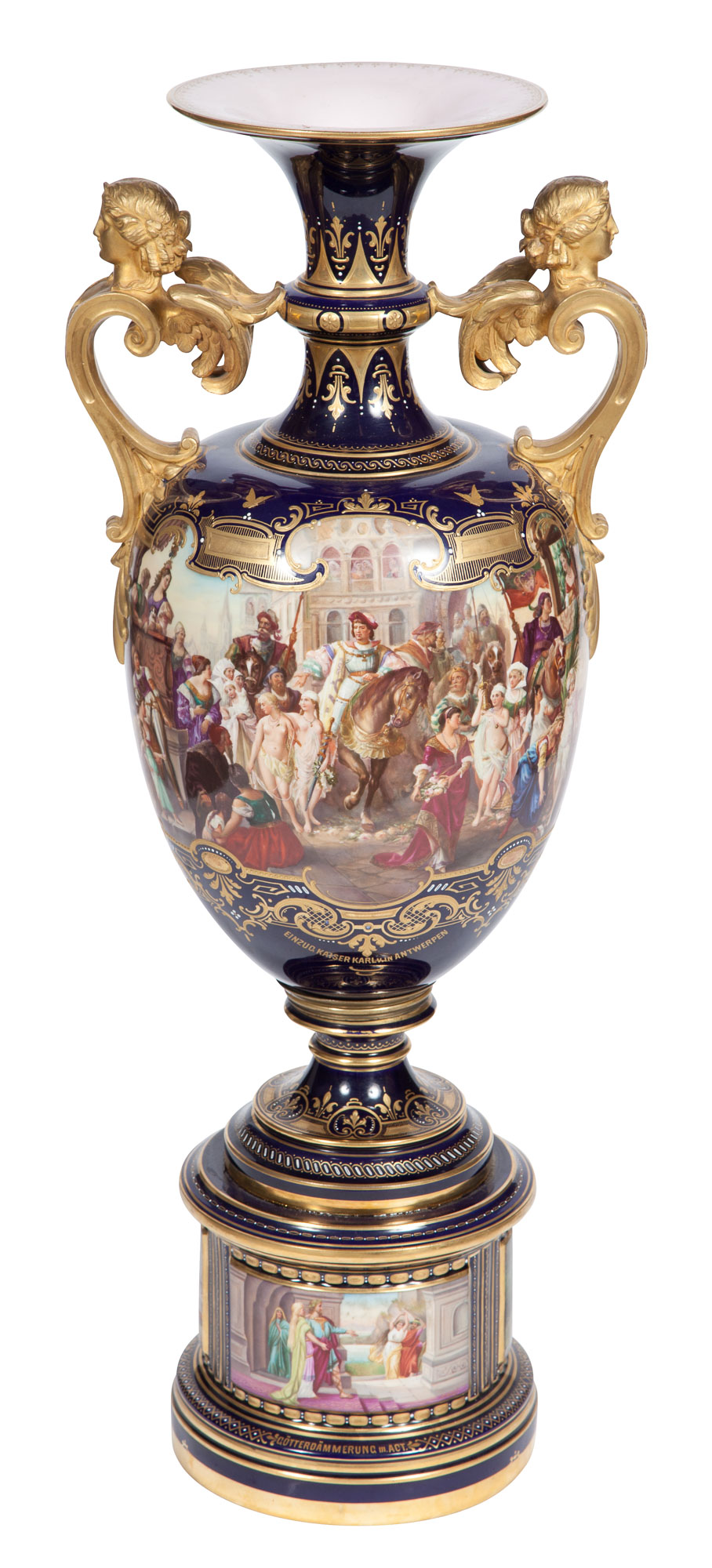 Lot image - Vienna Style Gilt and Hand-Painted Cobalt Ground Porcelain Two-Handled Urn on Pedestal