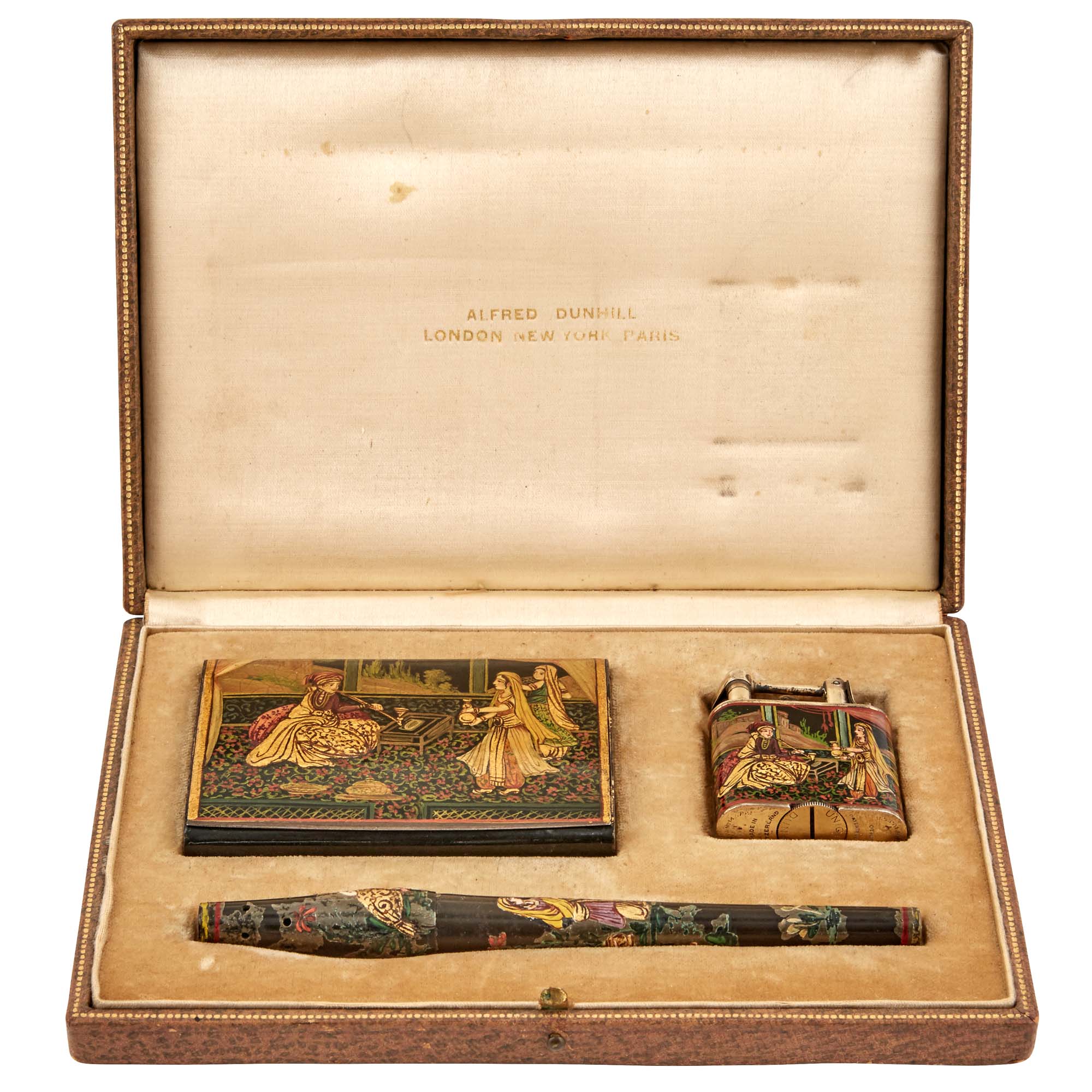 Lot image - Alfred Dunhill Enamel Decorated Sterling Silver and Lacquered Wood Three-Piece Orientalist Smoking Set
