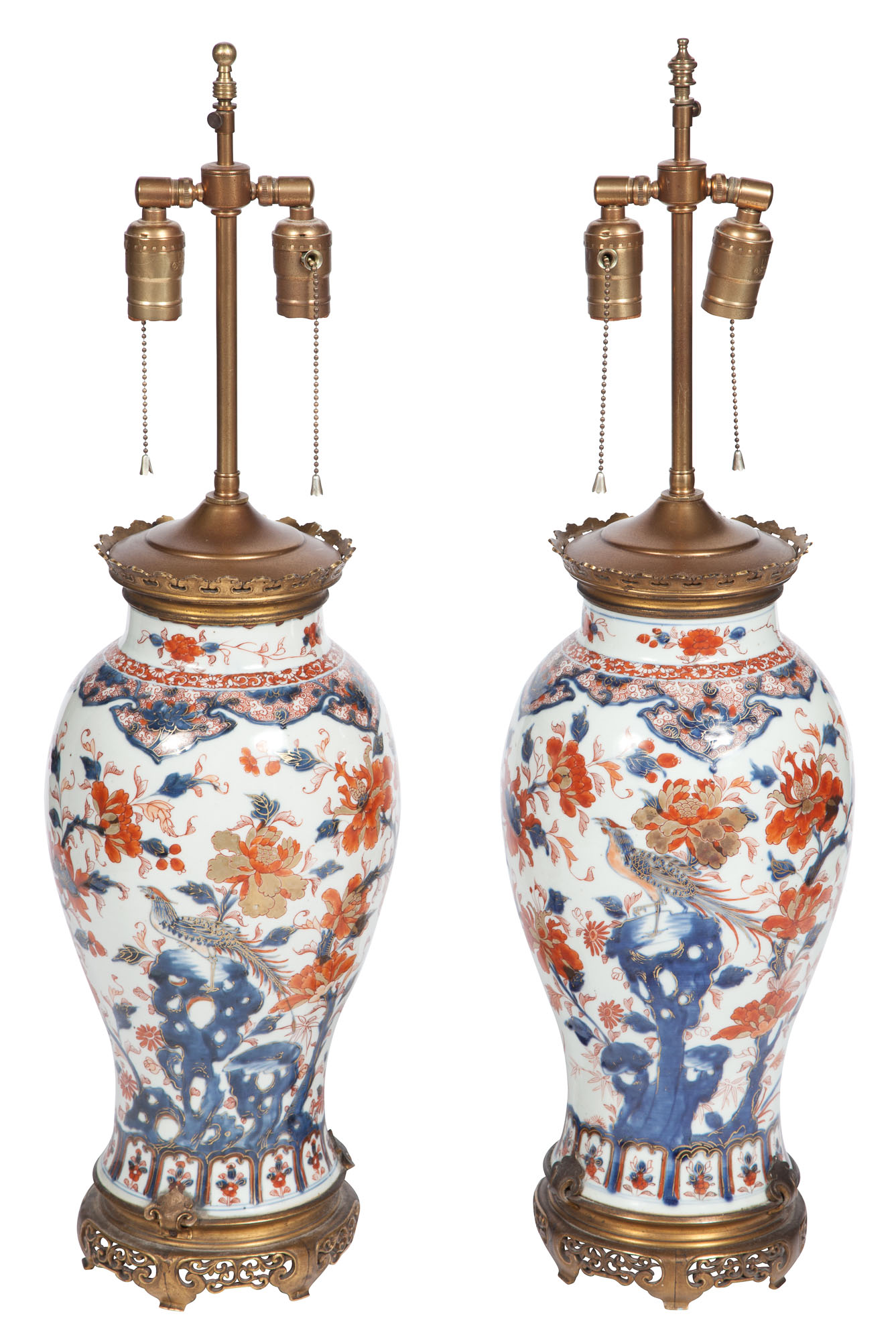 Lot image - Pair of Japanese Gilt-Metal Mounted Imari Porcelain Lamps