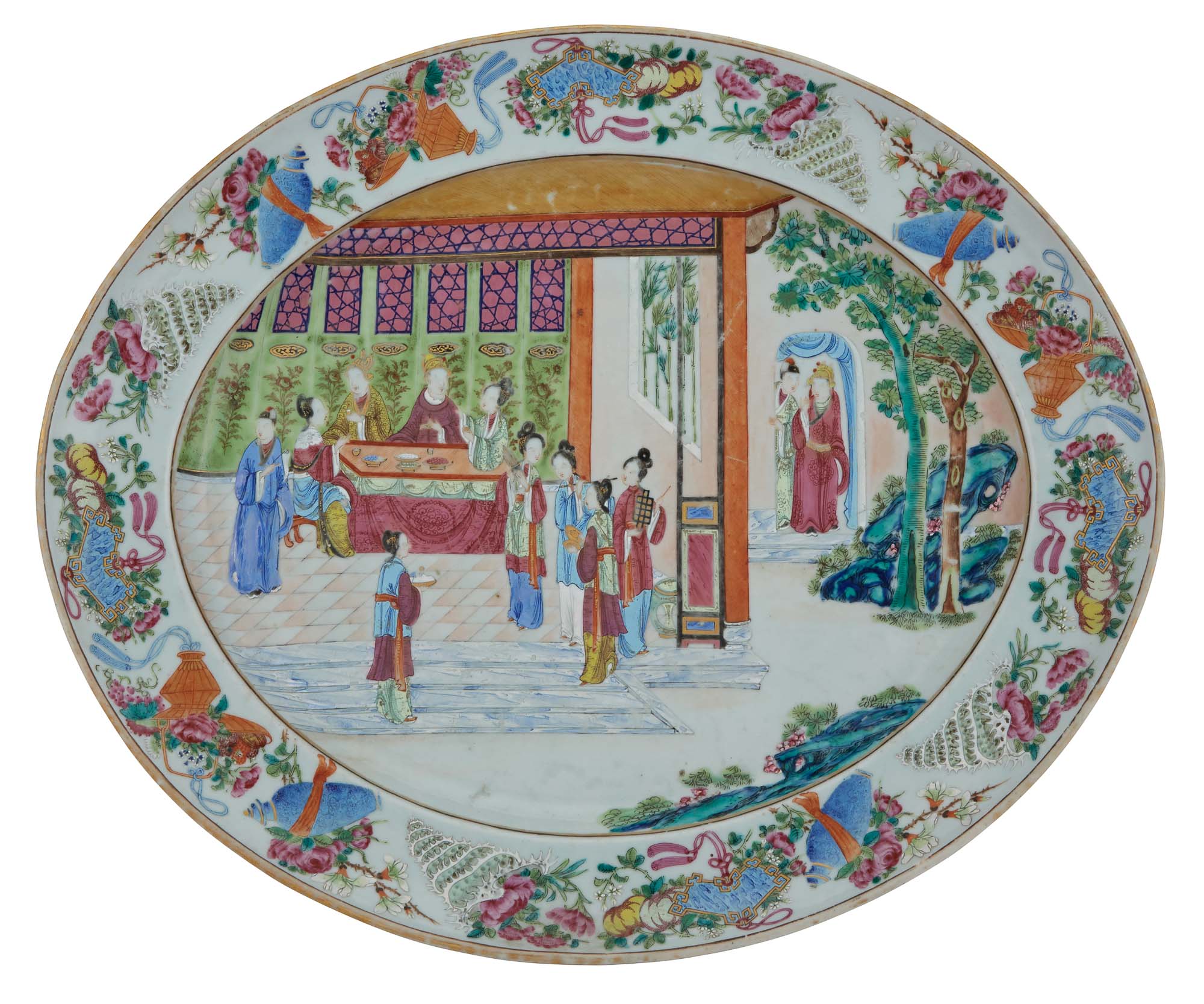 Lot image - Chinese Export Rose Mandarin Porcelain Oval Platter