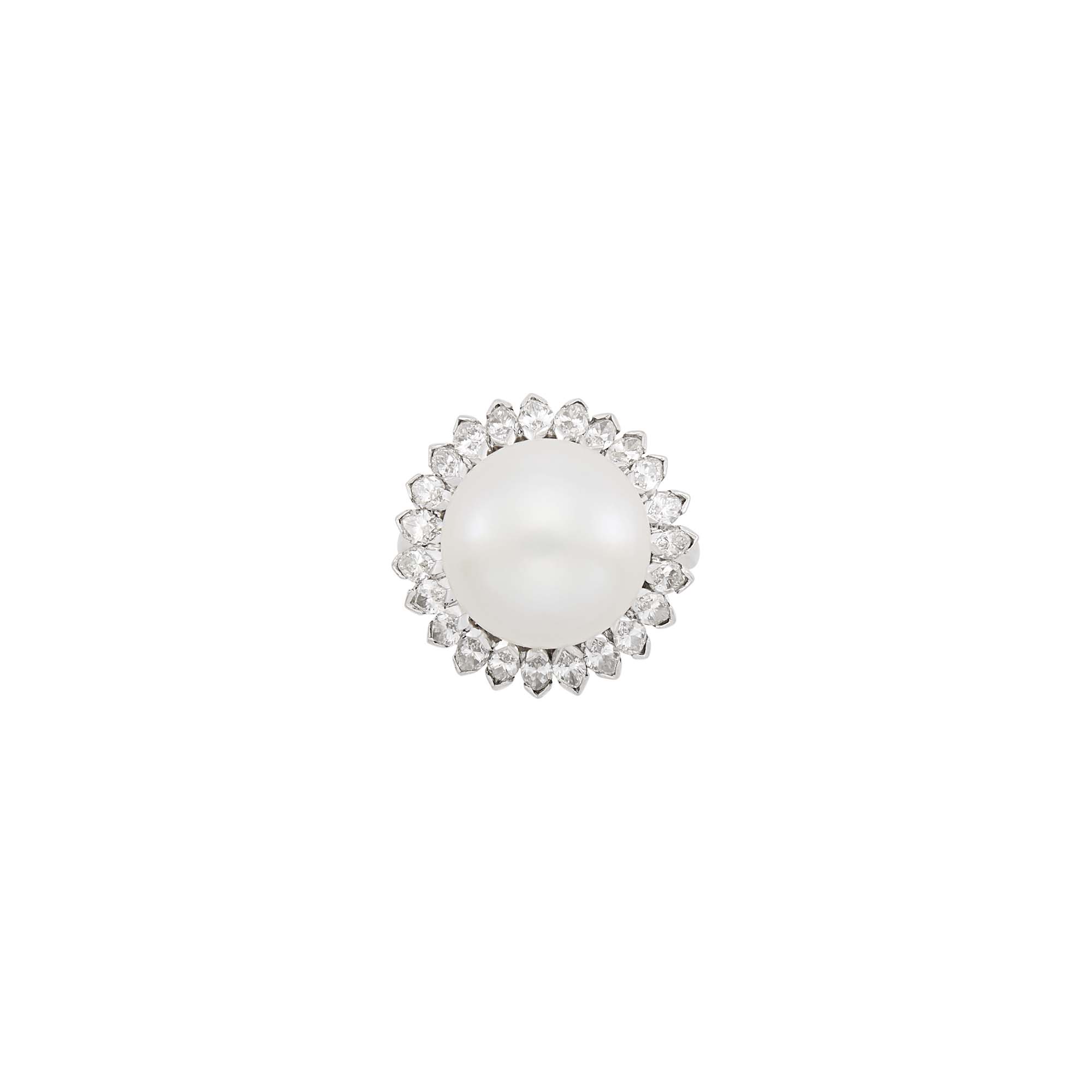 Lot image - Platinum, South Sea Cultured Pearl and Diamond Ring