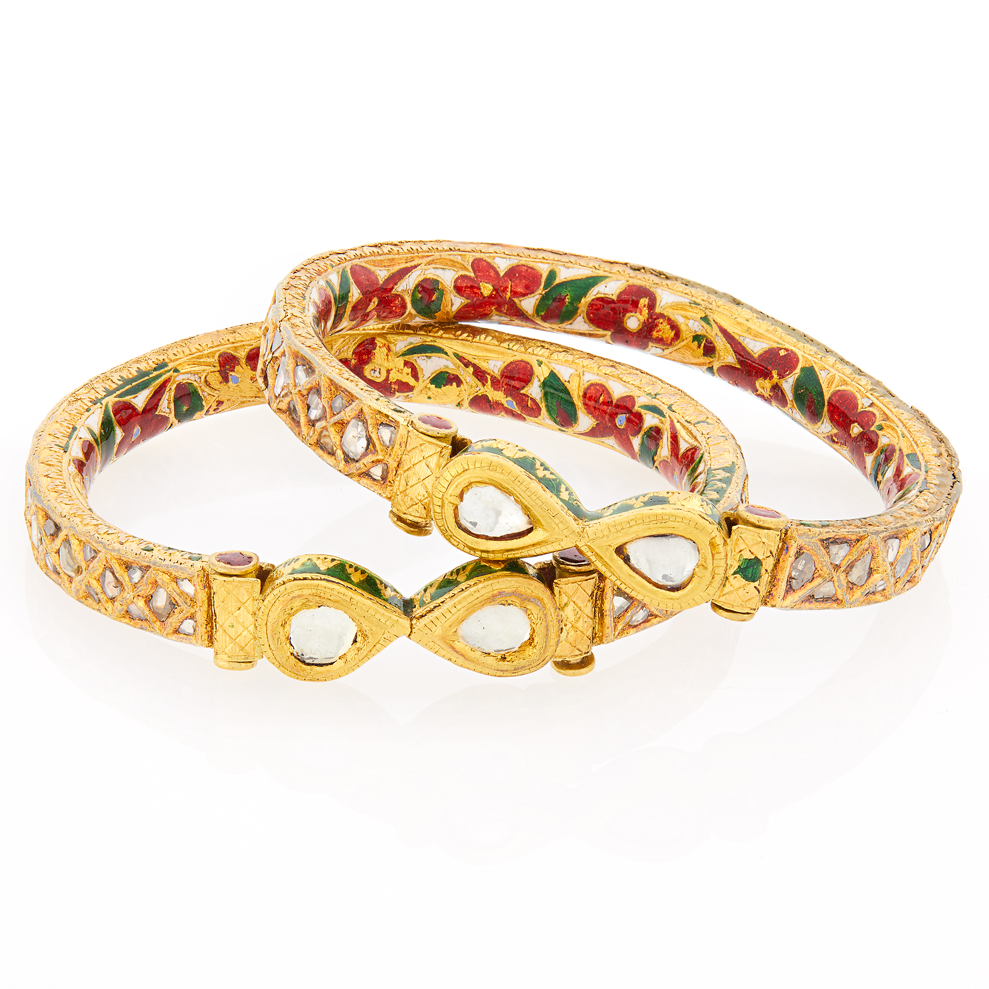 Lot image - Pair of Indian Gold, Jaipur Enamel and Foil-Backed Diamond Bangle Bracelets
