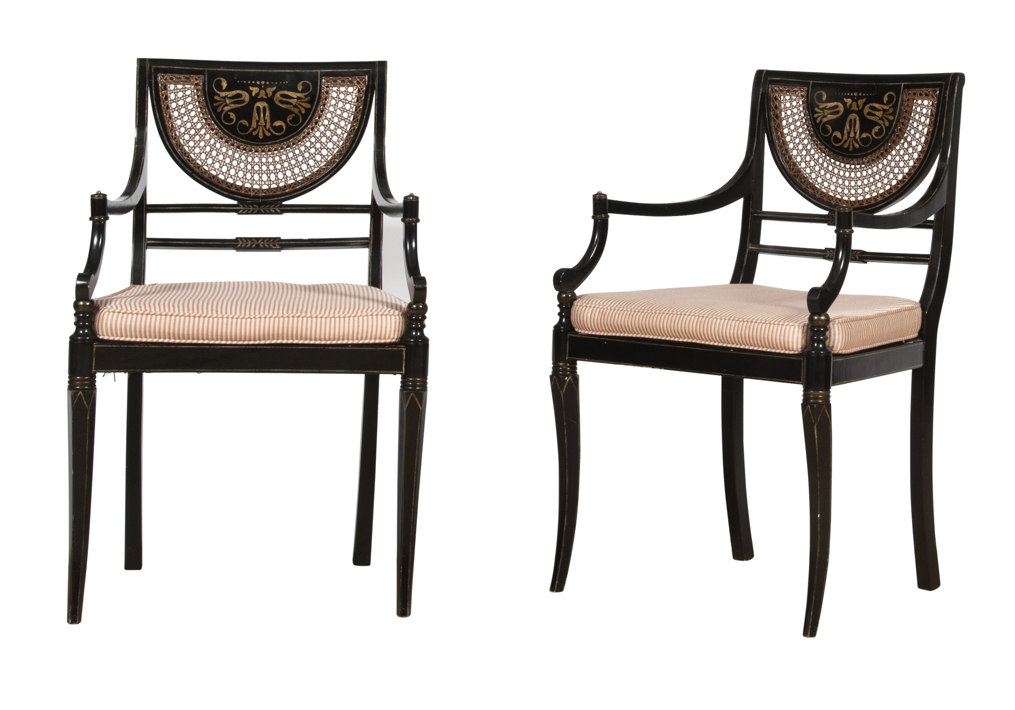 Lot image - Pair of Regency Style Ebonized and Caned Open Armchairs