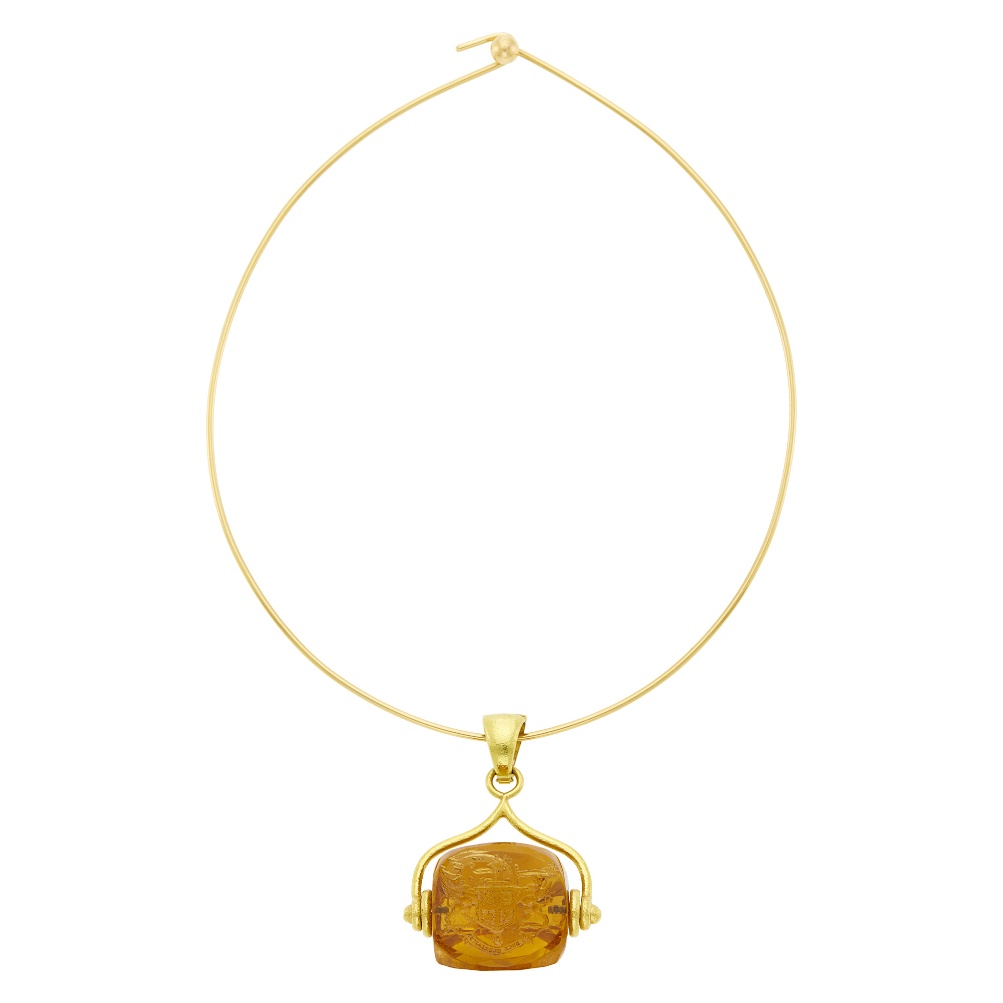 Lot image - Gold Torque Necklace with Elizabeth Locke Hammered Gold and Carved Citrine Fob Pendant