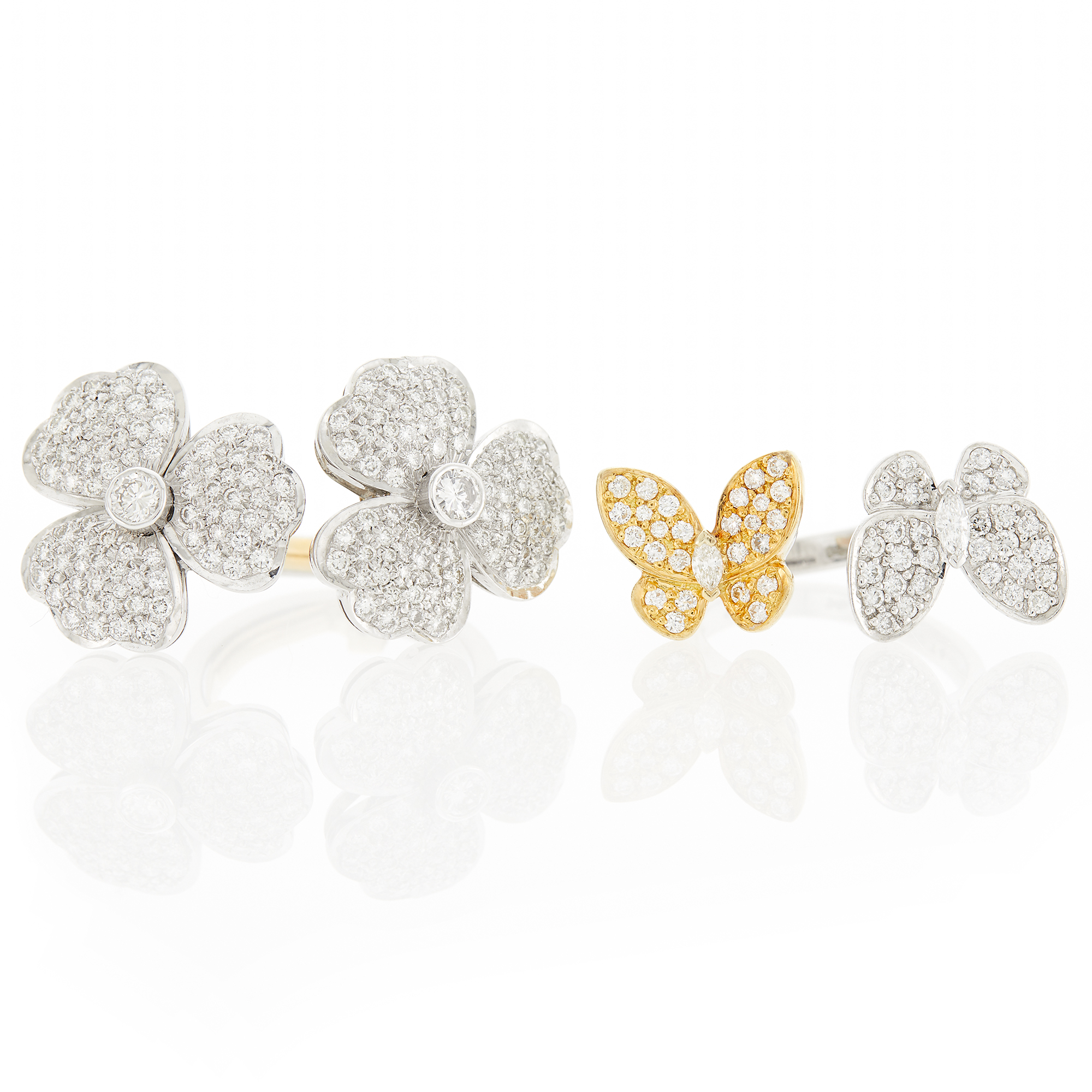 Lot image - Two-Color Gold and Diamond Butterfly Ring and Double Clover Ring