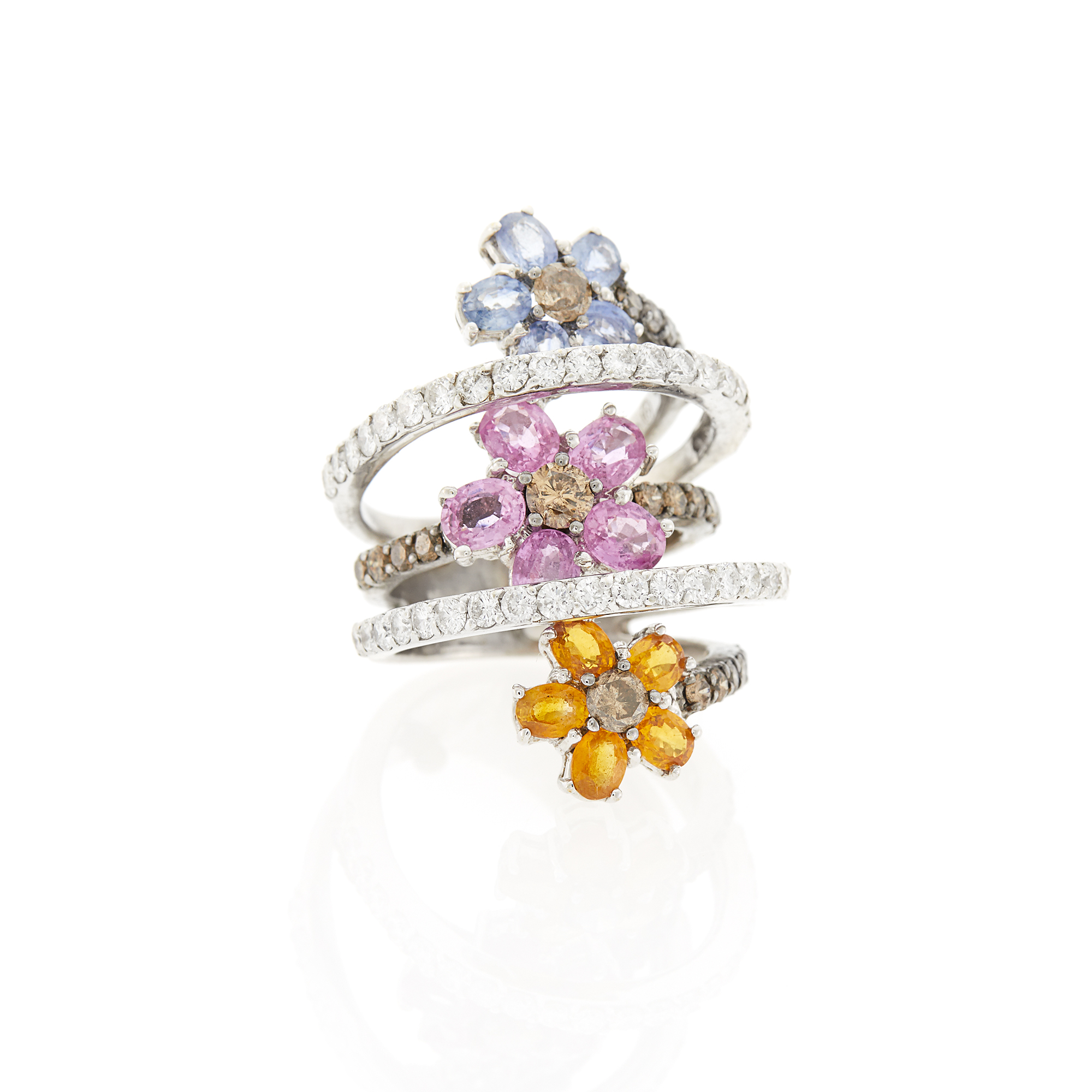 Lot image - White Gold, Multicolored Sapphire, Diamond and Colored Diamond Flower Swirl Ring