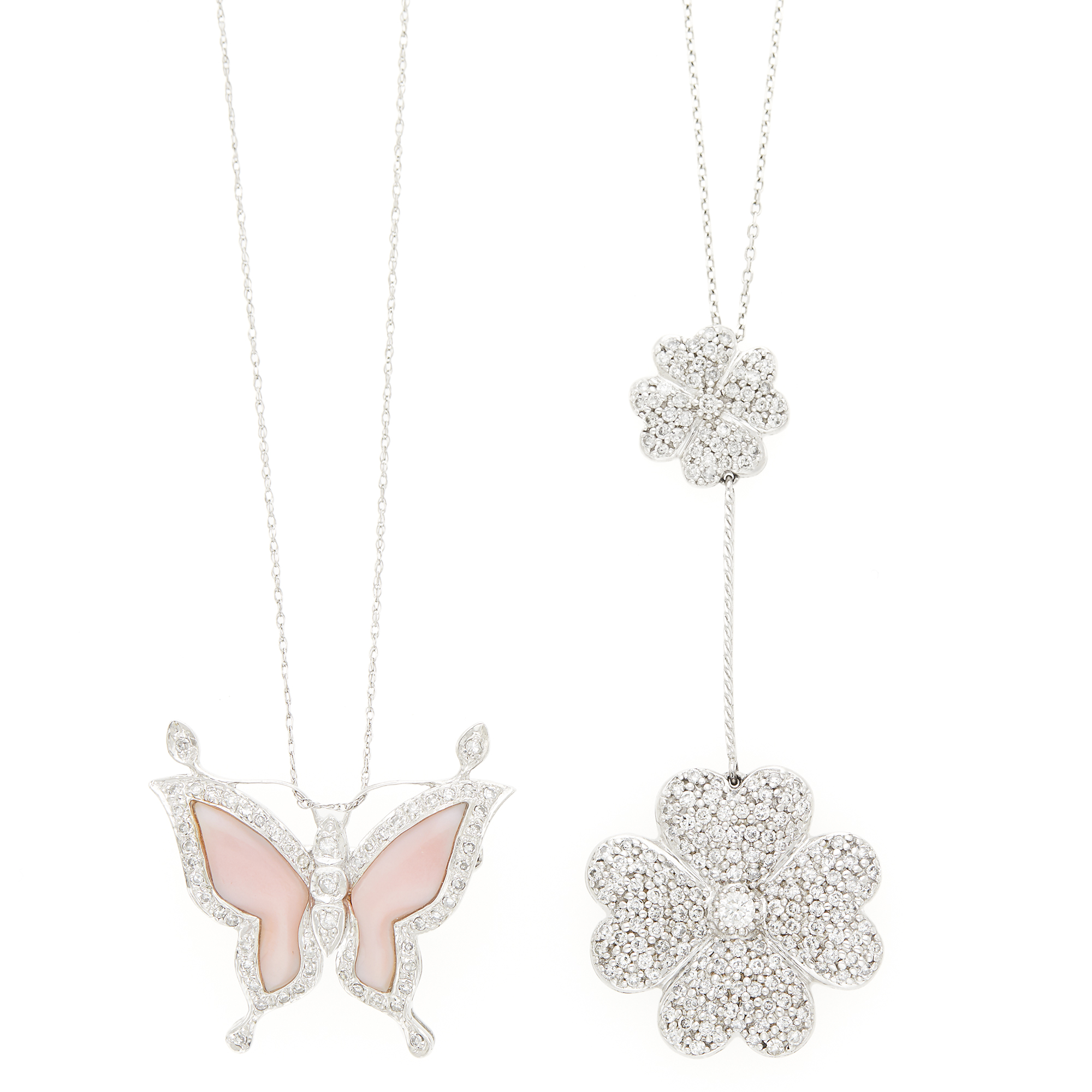 Lot image - White Gold and Pink Mother-of-Pearl Butterfly Pendant-Brooch and Diamond Flower Pendant with Chain Necklaces