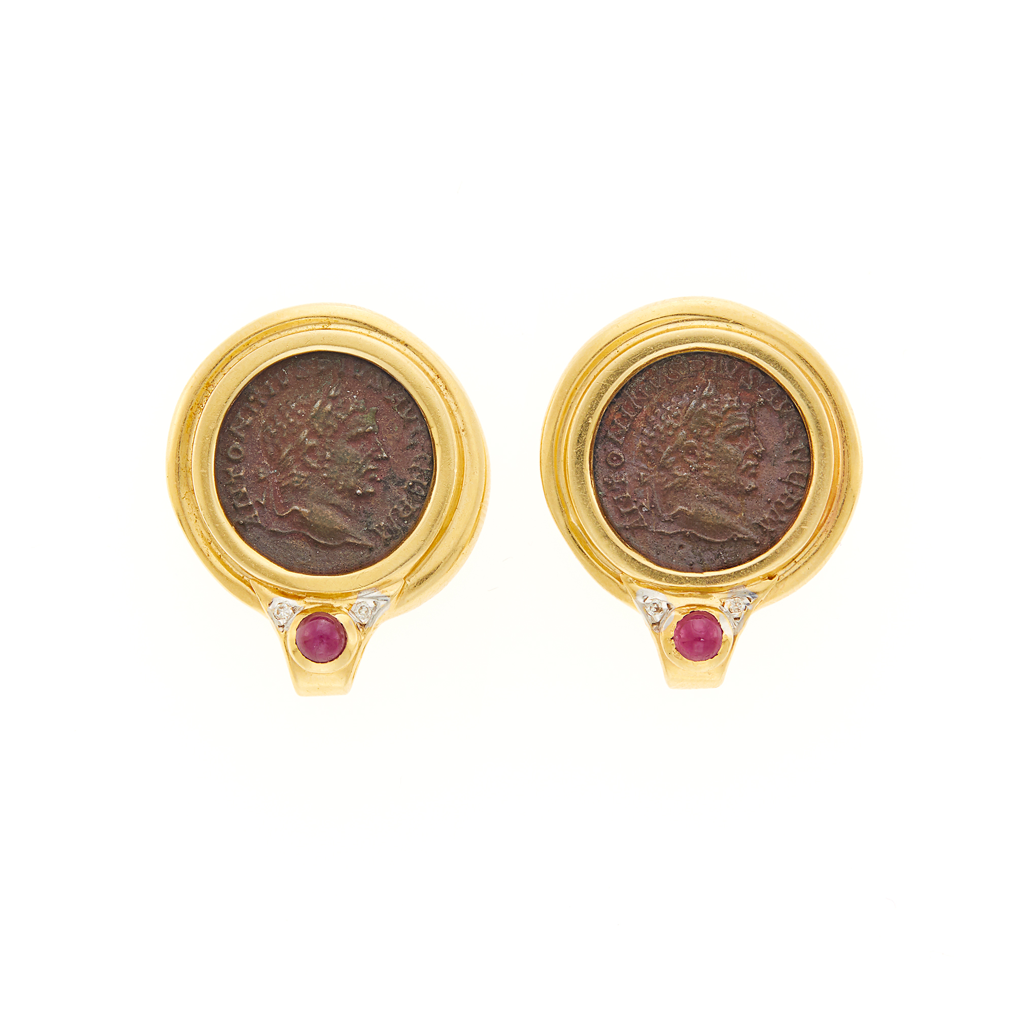 Lot image - Pair of Gold, Bronze Coin, Cabochon Ruby and Diamond Earrings