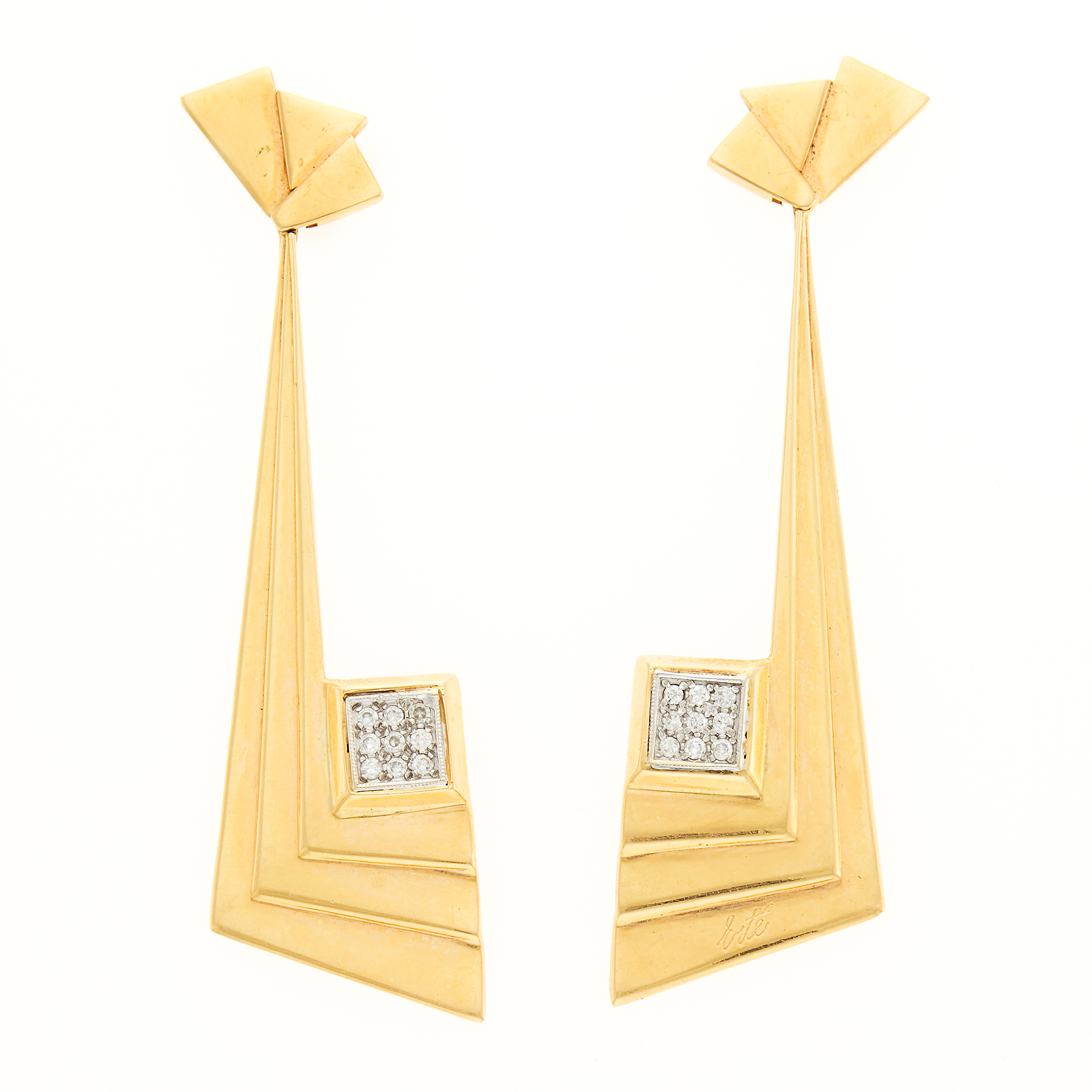 Lot image - Erté Pair of Gold and Diamond Pendant-Earrings