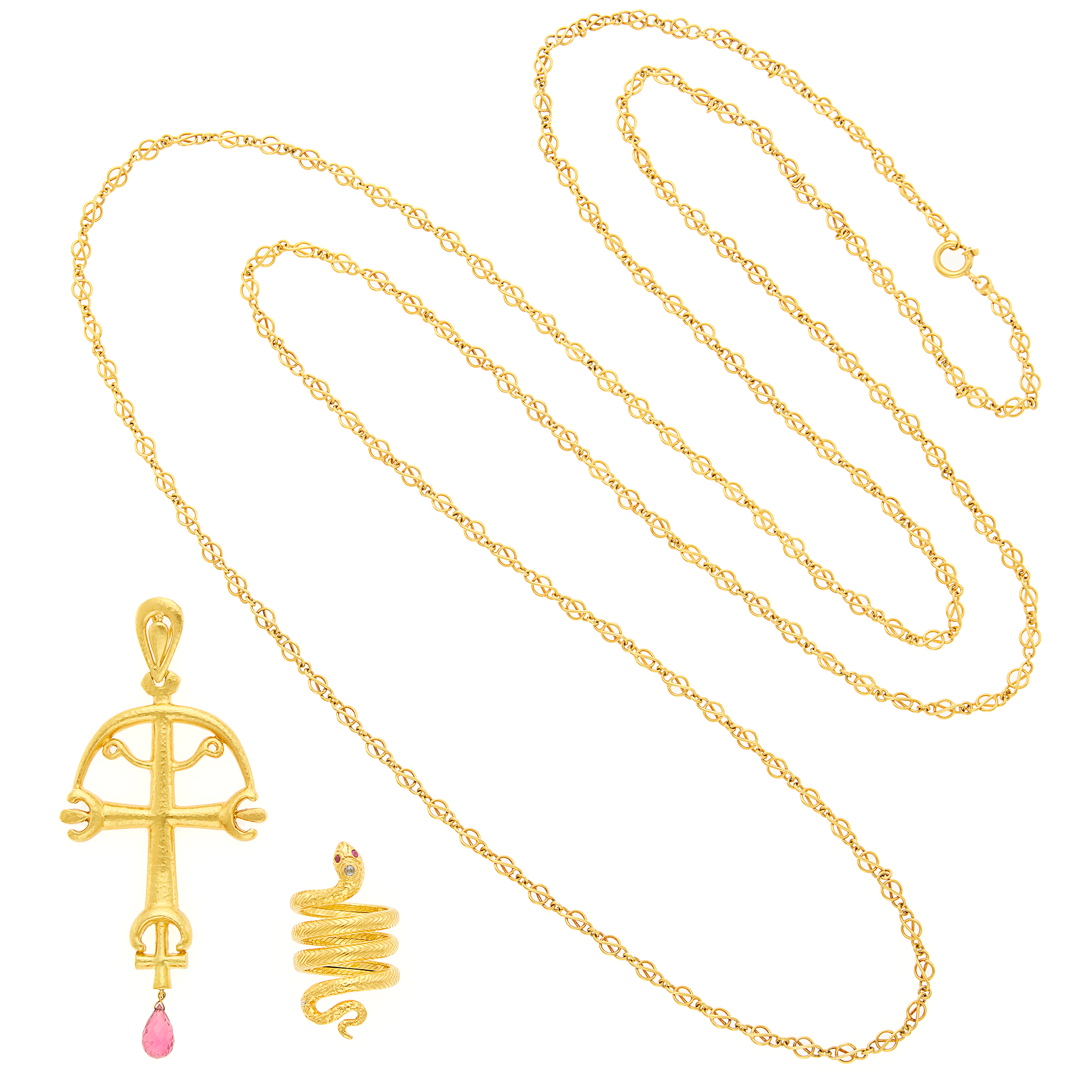 Lot image - Gold Snake Ring, Long Gold Chain Necklace with Ilias Lalaounis Gold and Pink Tourmaline Briolette Pendant