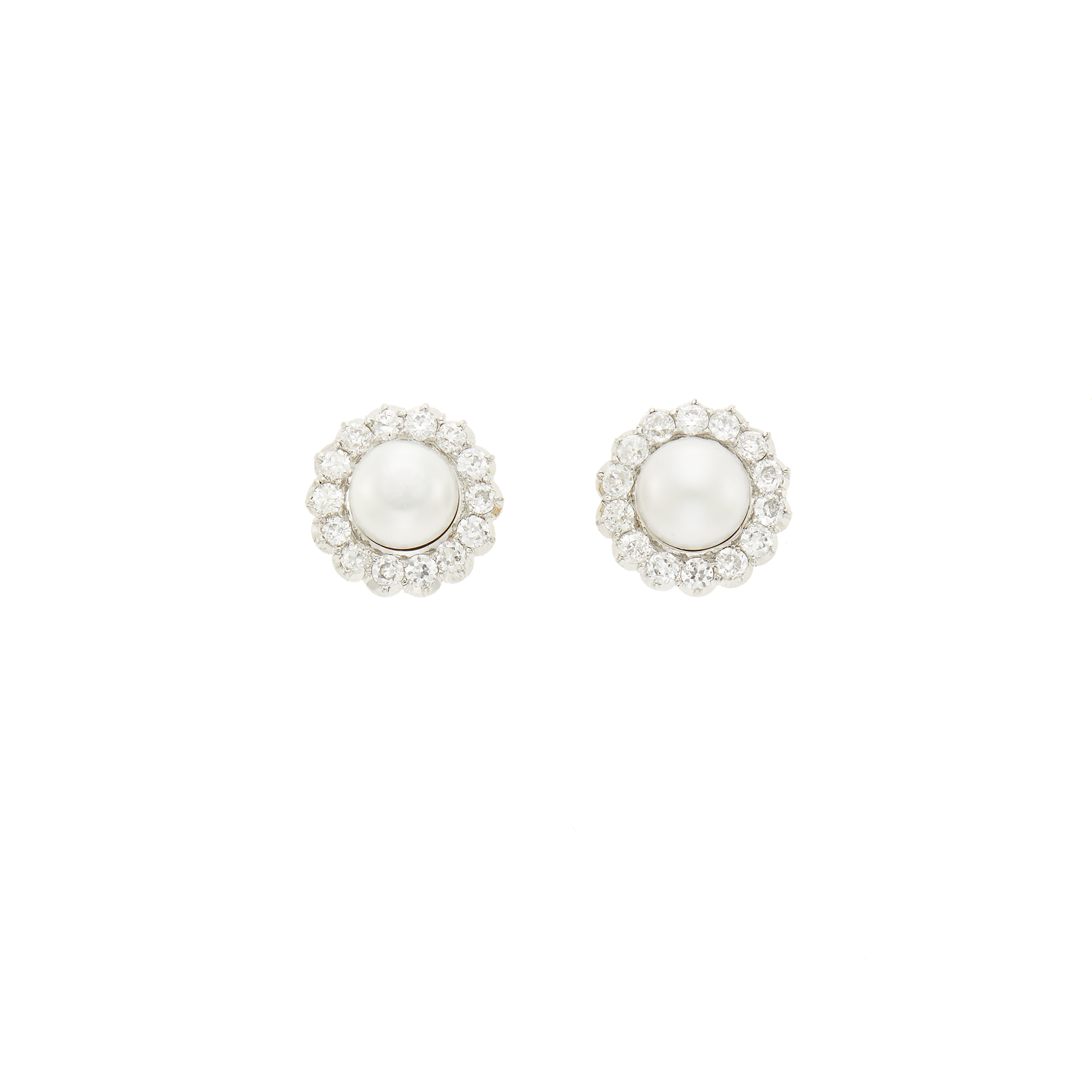 Lot image - Pair of Platinum, Gold, Button Pearl and Diamond Earrings