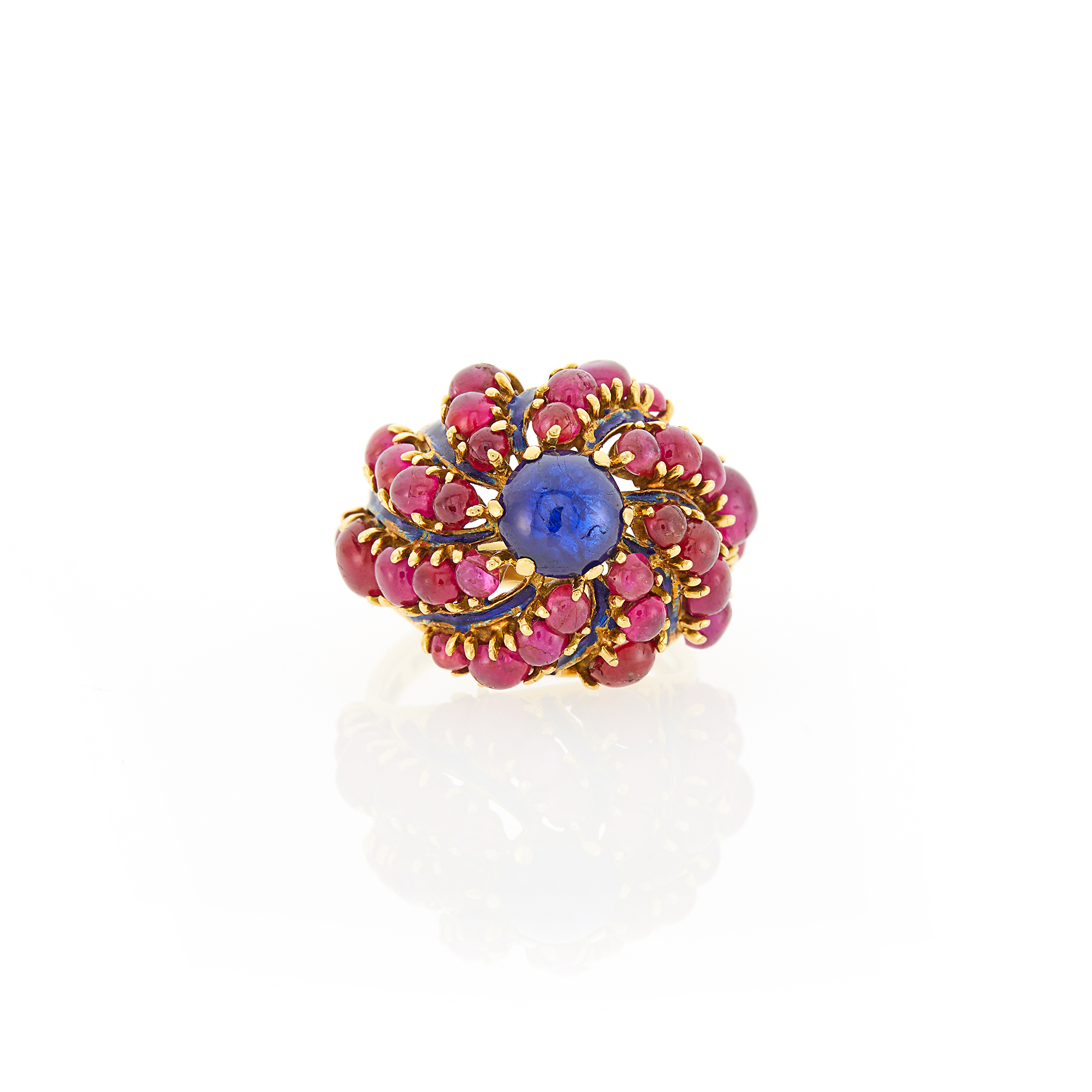 Lot image - Gold, Cabochon Sapphire, Ruby and Blue Enamel Ring