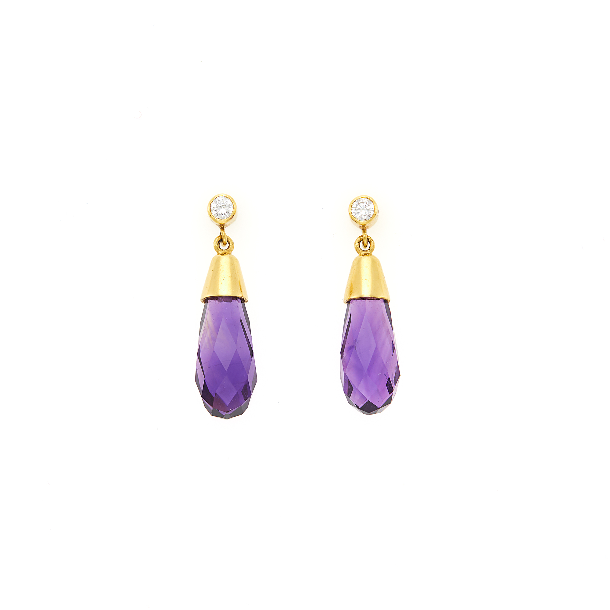 Lot image - Pair of Gold, Amethyst and Diamond Pendant-Earrings