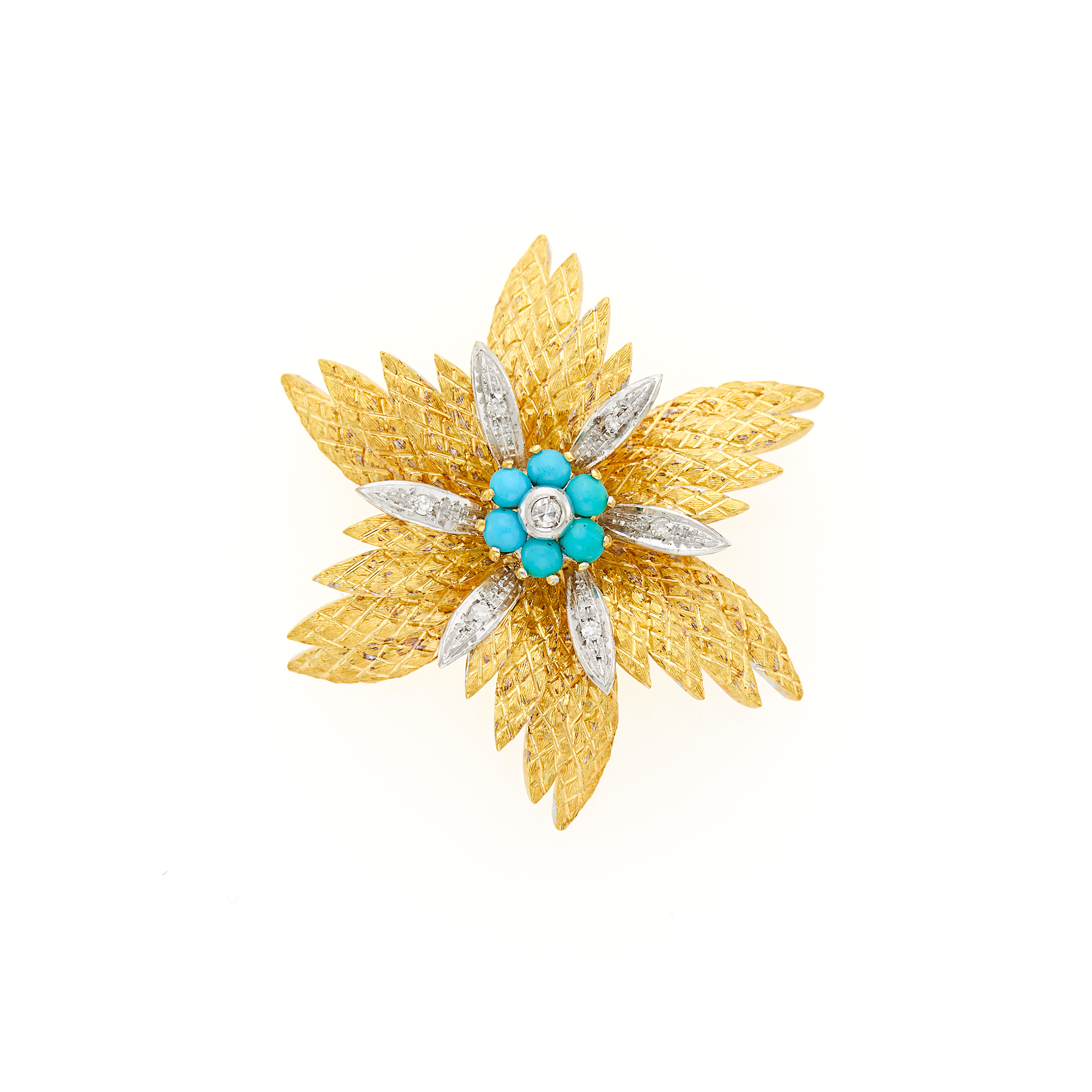 Lot image - Two-Color Gold, Turquoise and Diamond Flower Brooch