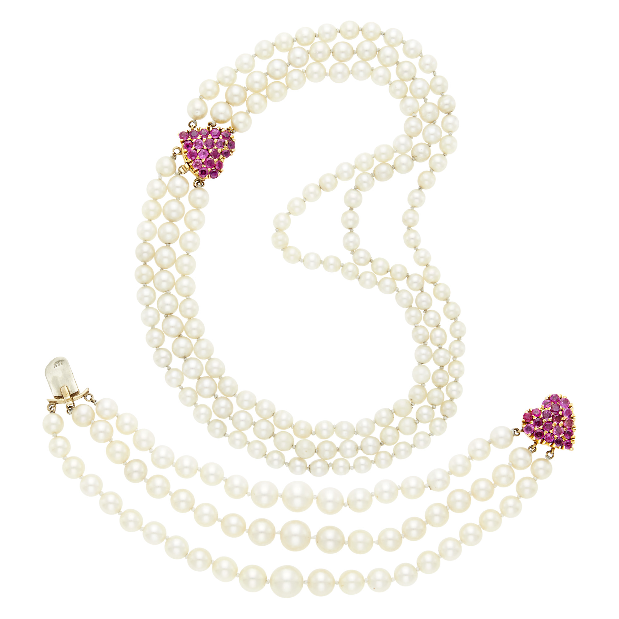 Lot image - Triple Strand Cultured Pearl, Gold and Ruby Heart Swag Necklace/Bracelet Combination