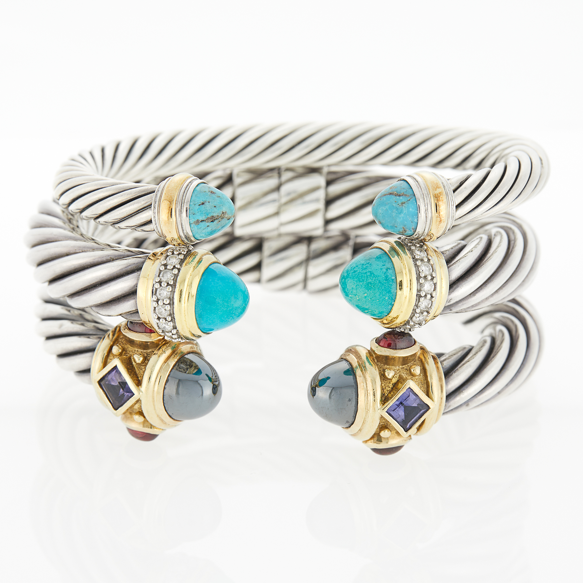 Lot image - David Yurman Three Silver, Gold, Turquoise, Diamond, Hematite, Iolite and Cabochon Garnet Bangle Bracelets