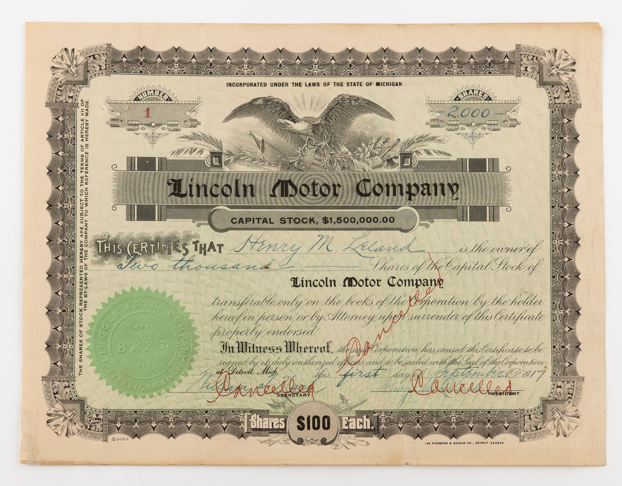 Lot image - Stock Certificates of Lincoln Motor Company 1917
