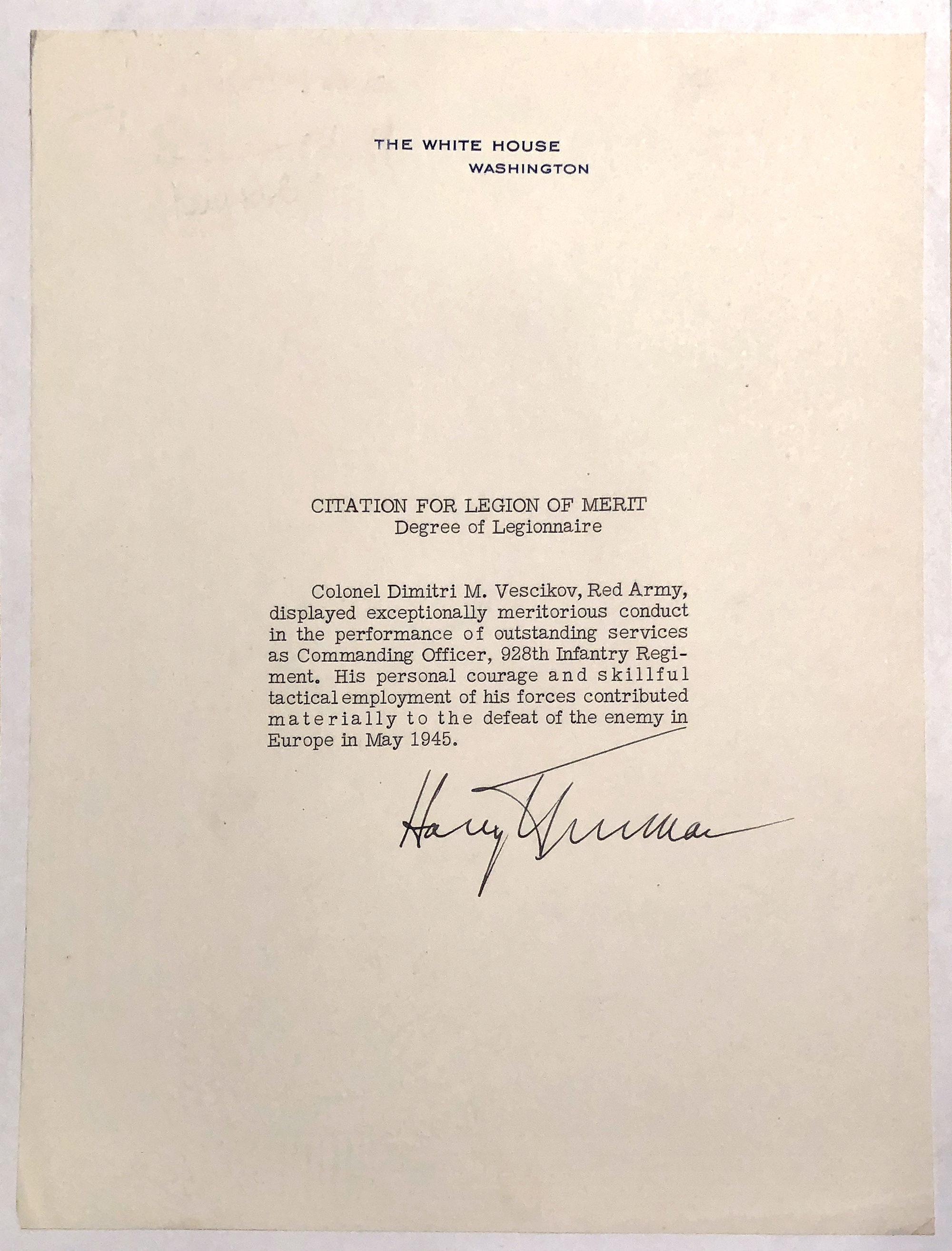Lot image - TRUMAN, HARRY  Signed citation for a Soviet Officer
