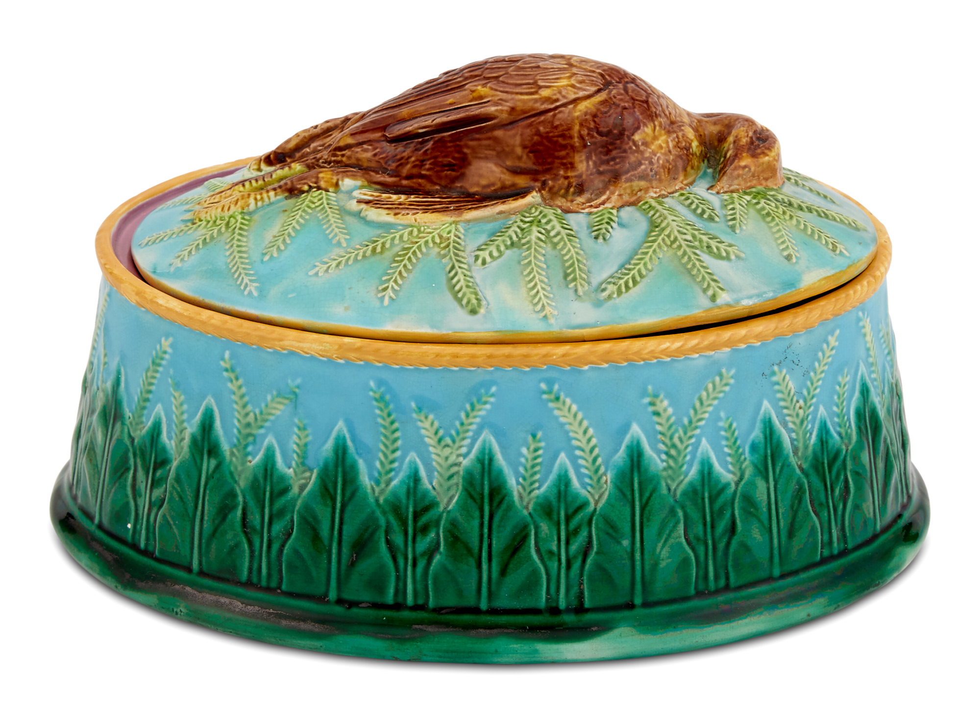 Lot image - George Jones & Sons Majolica Turquoise-Ground Oval Game-Pie Dish and Cover