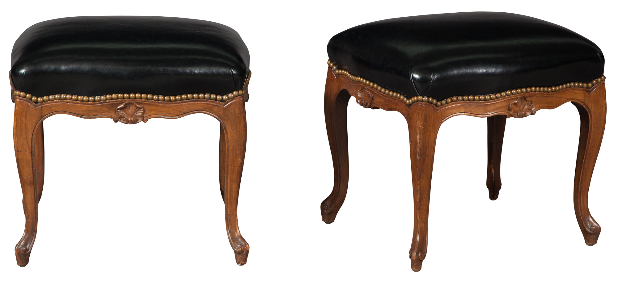 Lot image - Pair of Louis XV Style Fruitwood Leather-Covered Stools