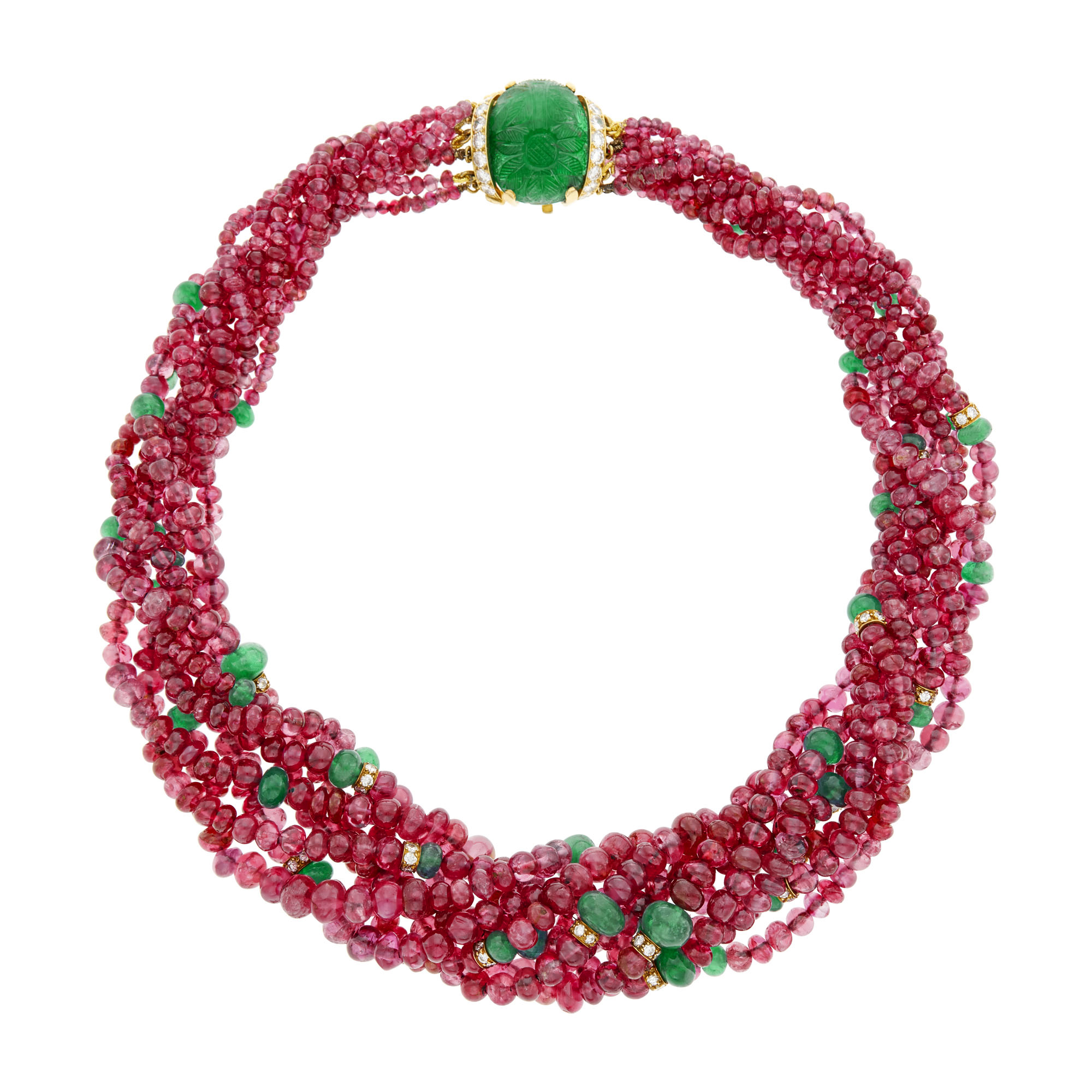 Lot image - David Webb Multistrand Ruby and Emerald Bead, Gold and Diamond Torsade Necklace with Carved Emerald and Diamond Clasp