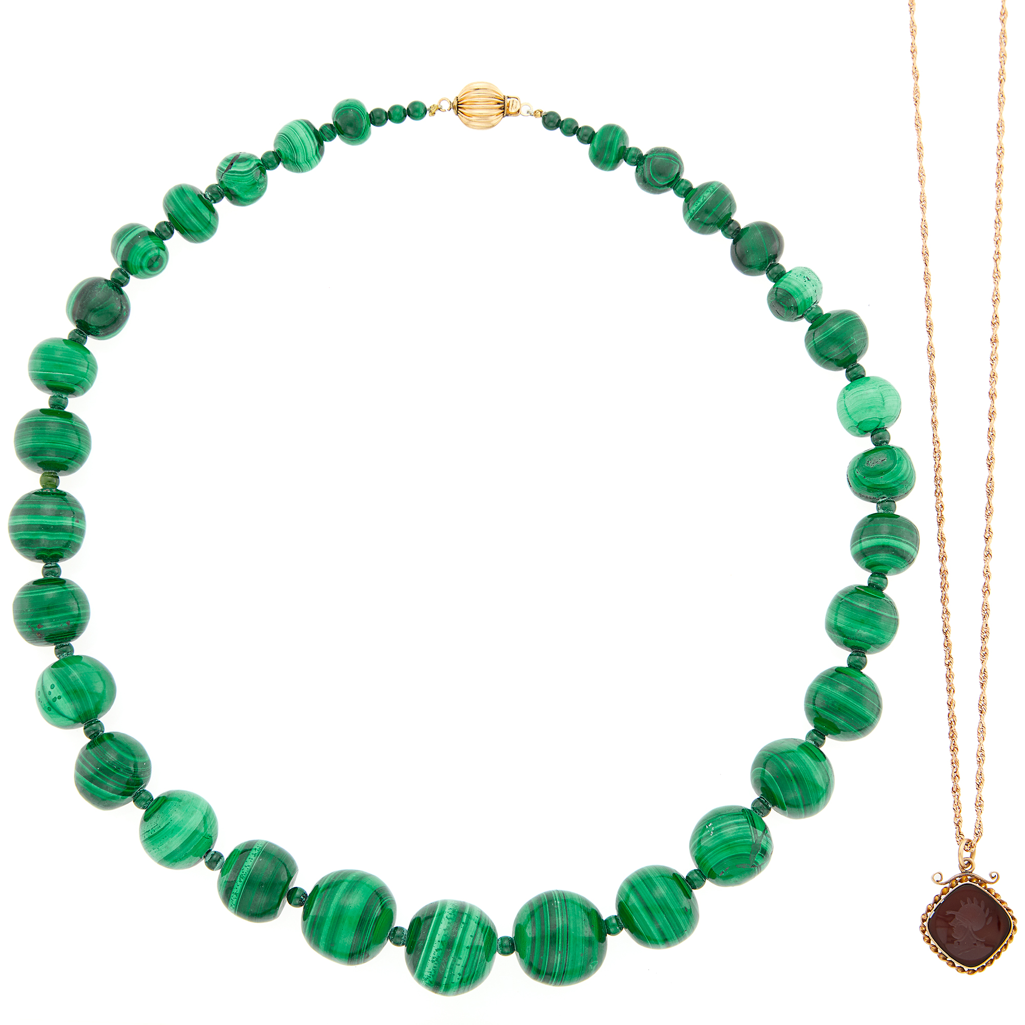 Lot image - Gold and Black Onyx Intaglio Pendant-Necklace and Malachite Bead Necklace