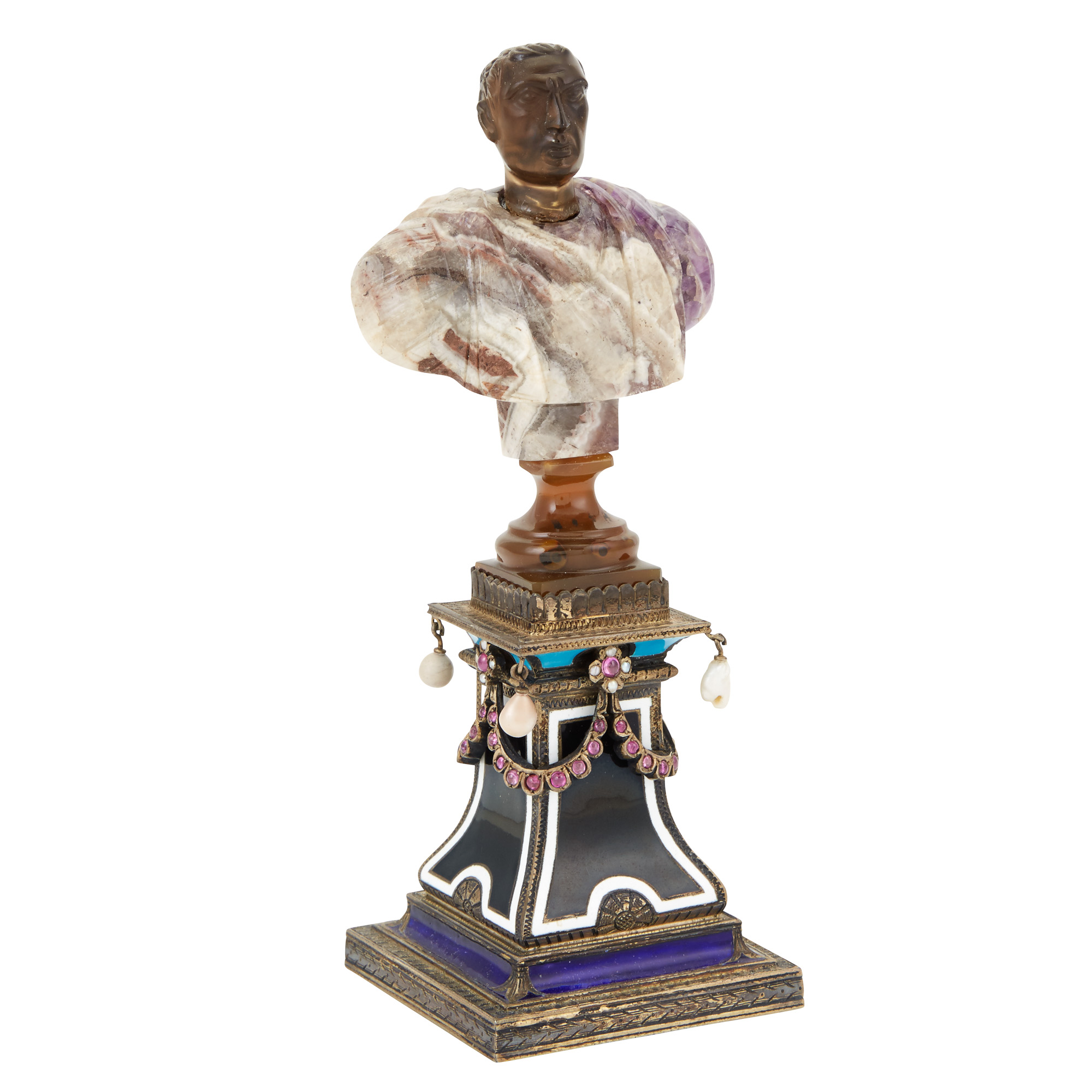 Lot image - Continental Gem-Set Silver and Enamel Hardstone Bust of an Emperor