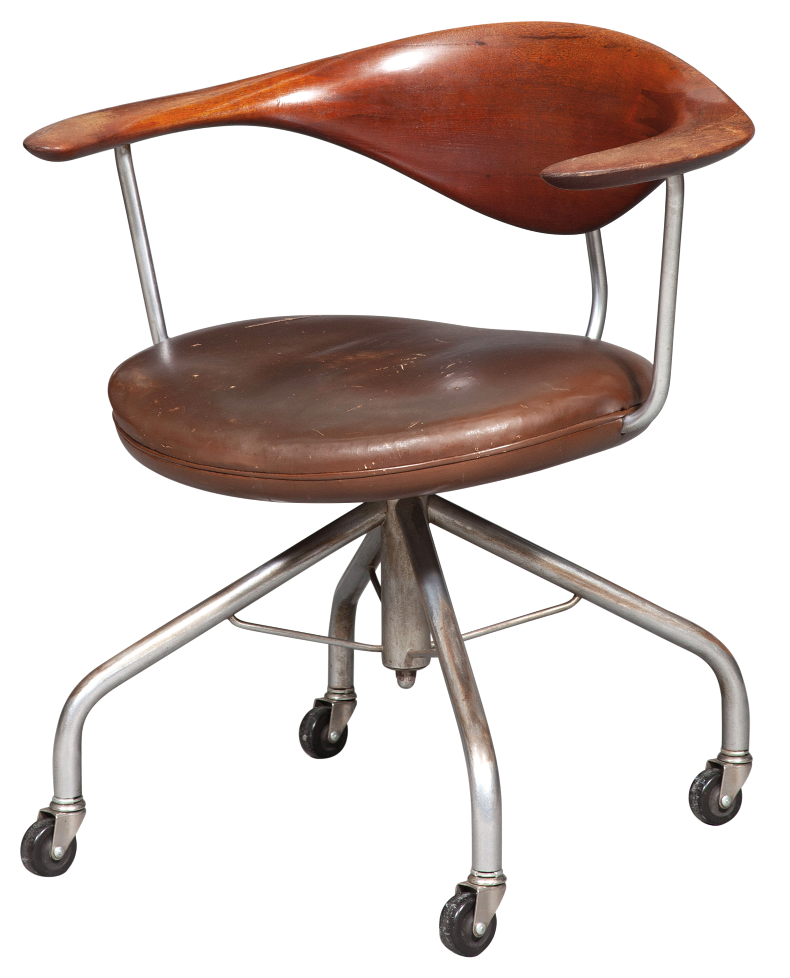 Lot image - Hans J. Wegner Leather Upholstered Teak and Chromed Metal Swivel Office Chair