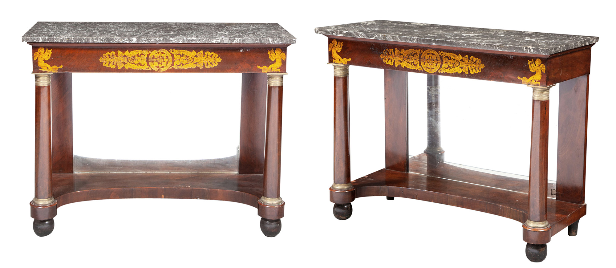 Lot image - Pair of Classical Mahogany Gilt-Stencil Decorated Marble-Topped Pier Tables