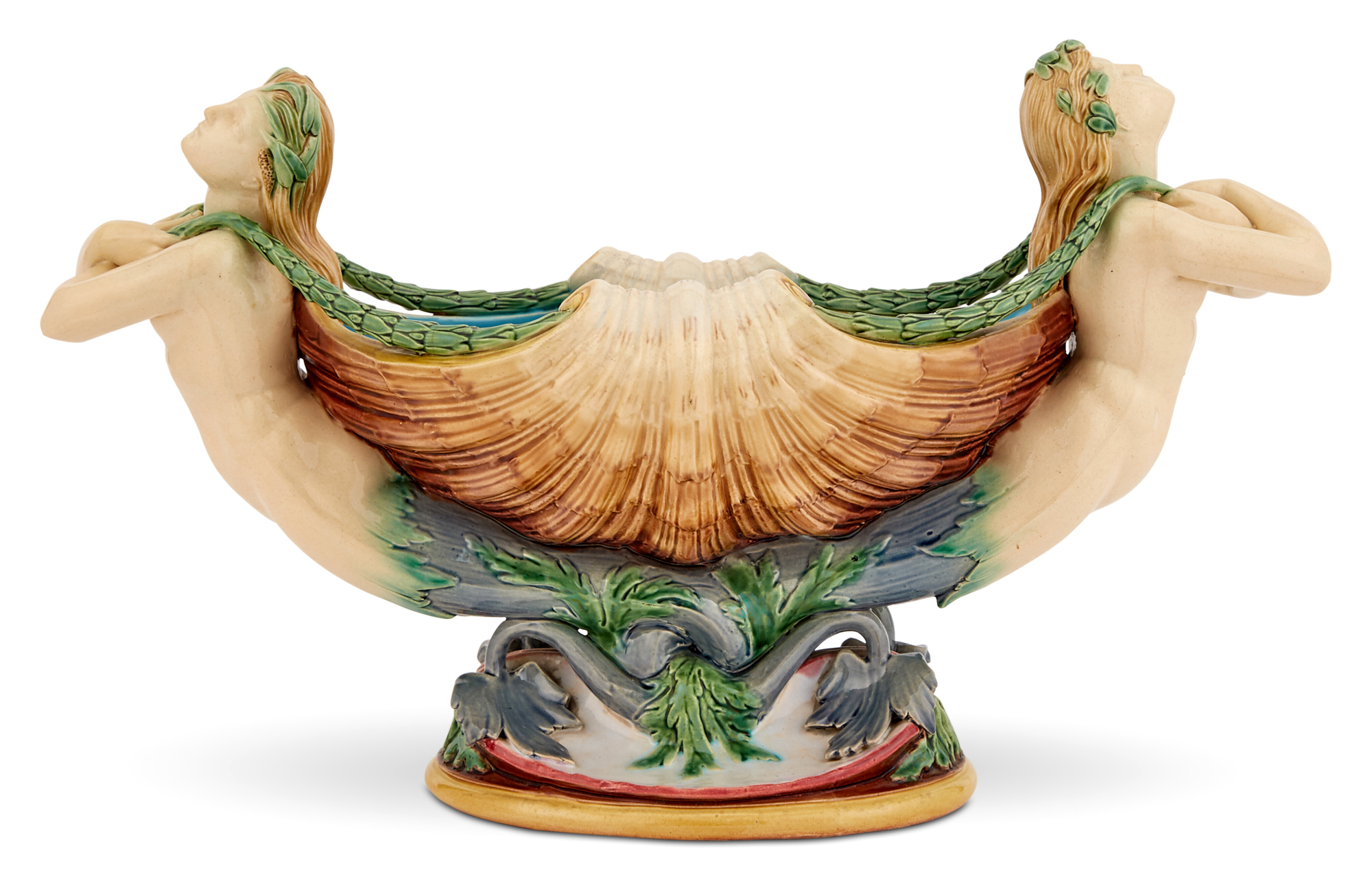 Lot image - Minton & Co. Majolica Shell Bearer Centerpiece Designed by Albert Carrier Belleuse