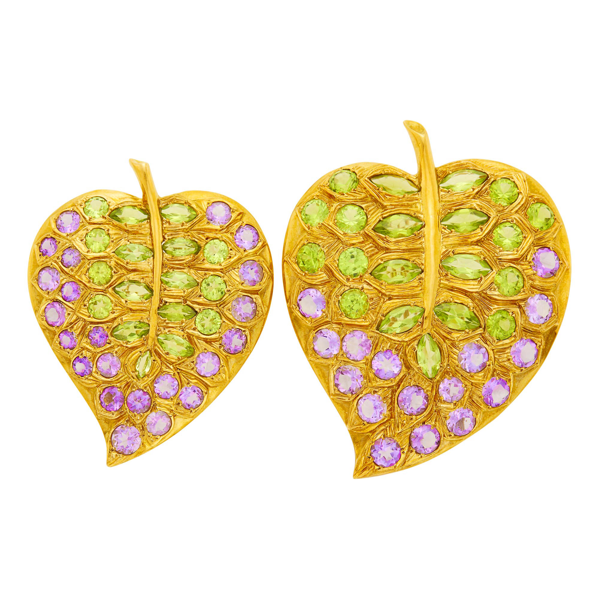 Lot image - Pair of Gold, Peridot and Amethyst Leaf Clip-Brooches
