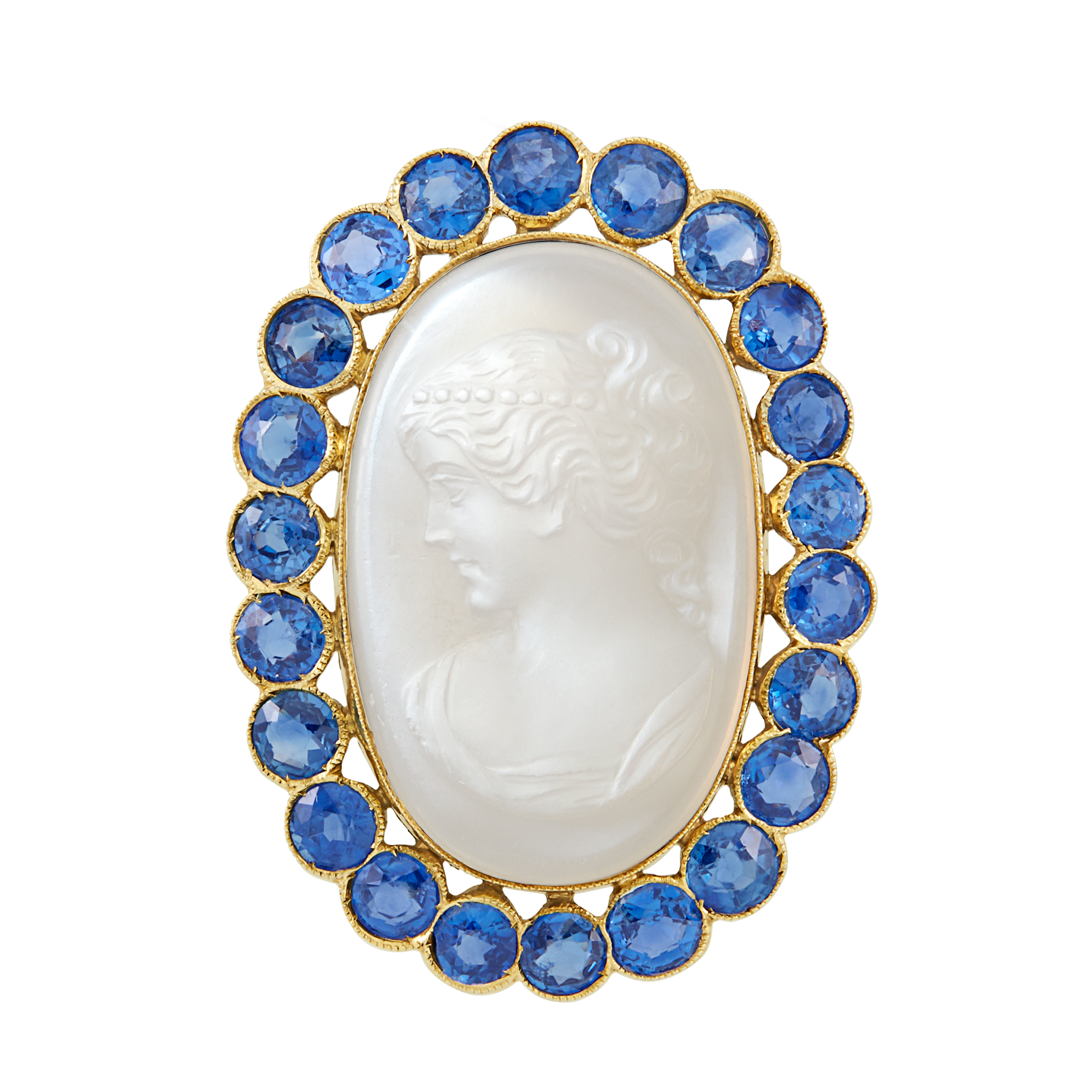 Lot image - Gold, Carved Moonstone and Sapphire Brooch