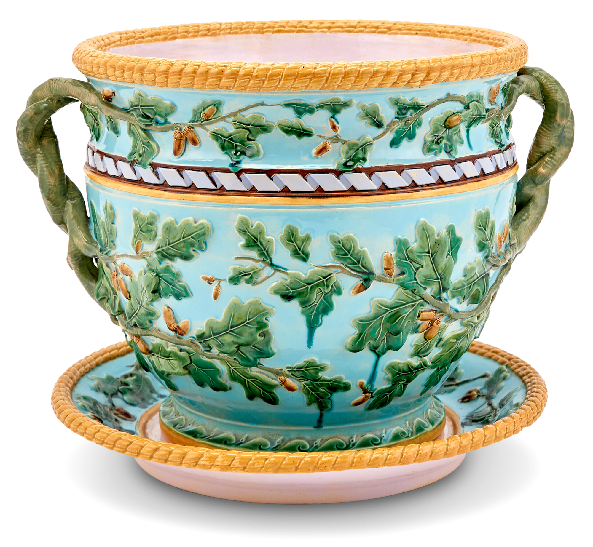 Lot image - English Majolica Turquoise-Ground Oak Leaf and Acorn Two-Handled Garden Pot and Stand