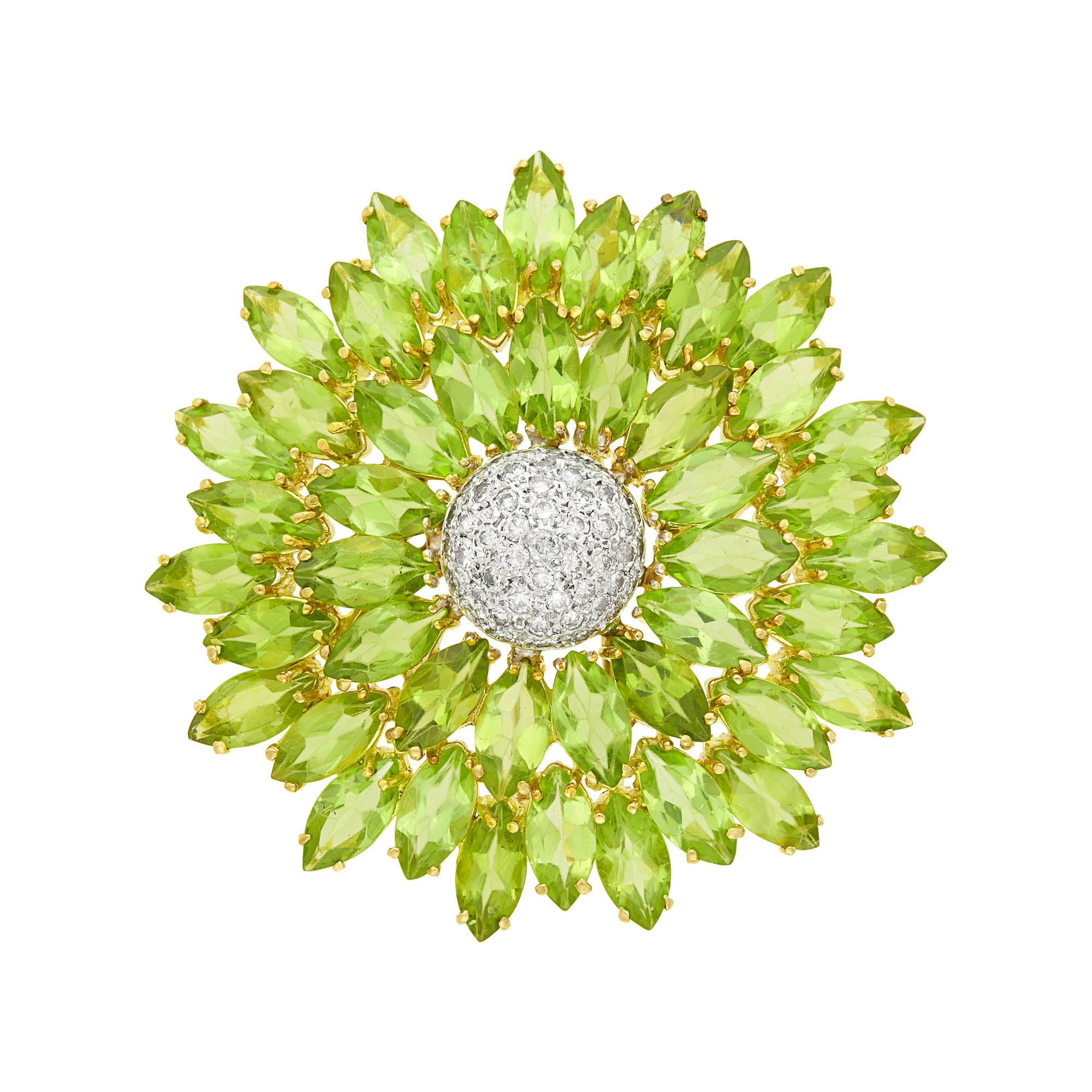 Lot image - Two-Color Gold, Peridot and Diamond Flower Clip-Brooch