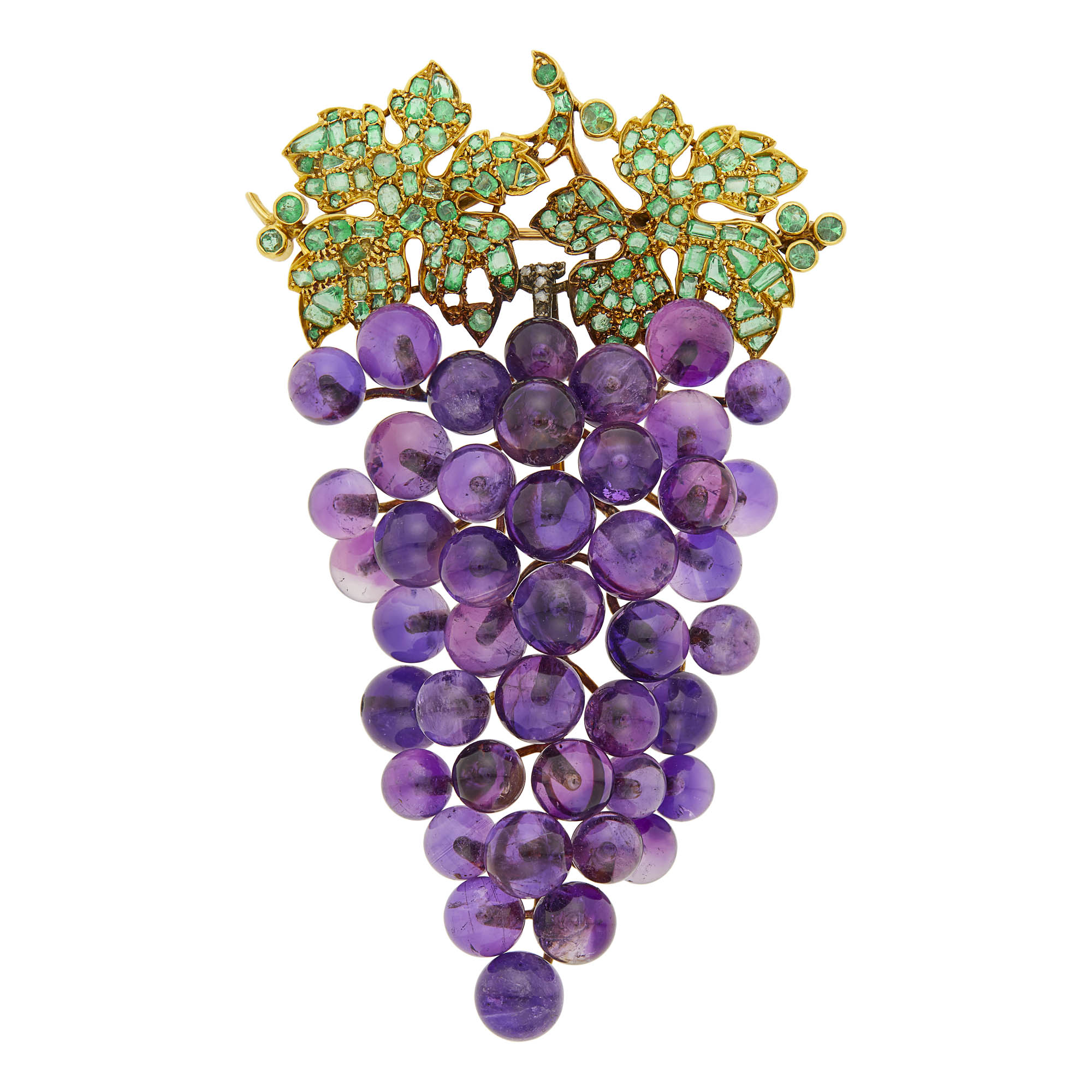 Lot image - Gold, Silver, Emerald, Diamond and Amethyst Grapes Brooch