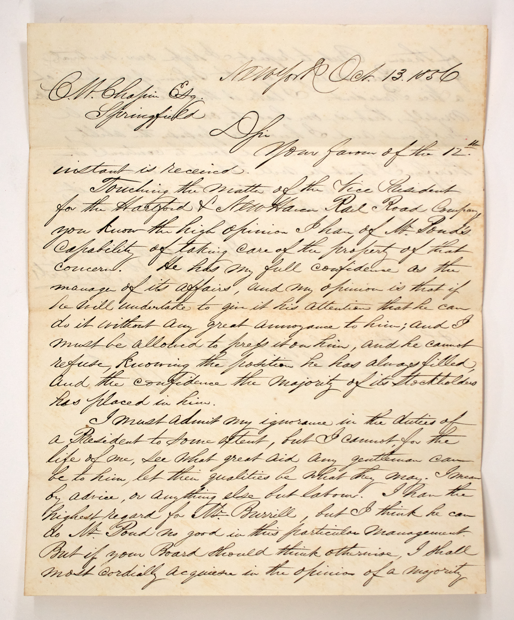 Lot image - VANDERBILT, CORNELIUS THE COMMODORE  Autograph letter signed regarding the leadership of the Hartford & New Haven Rail Road Company.