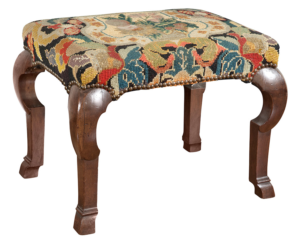 Lot image - George I Needlework and Needlework-Upholstered Walnut Stool