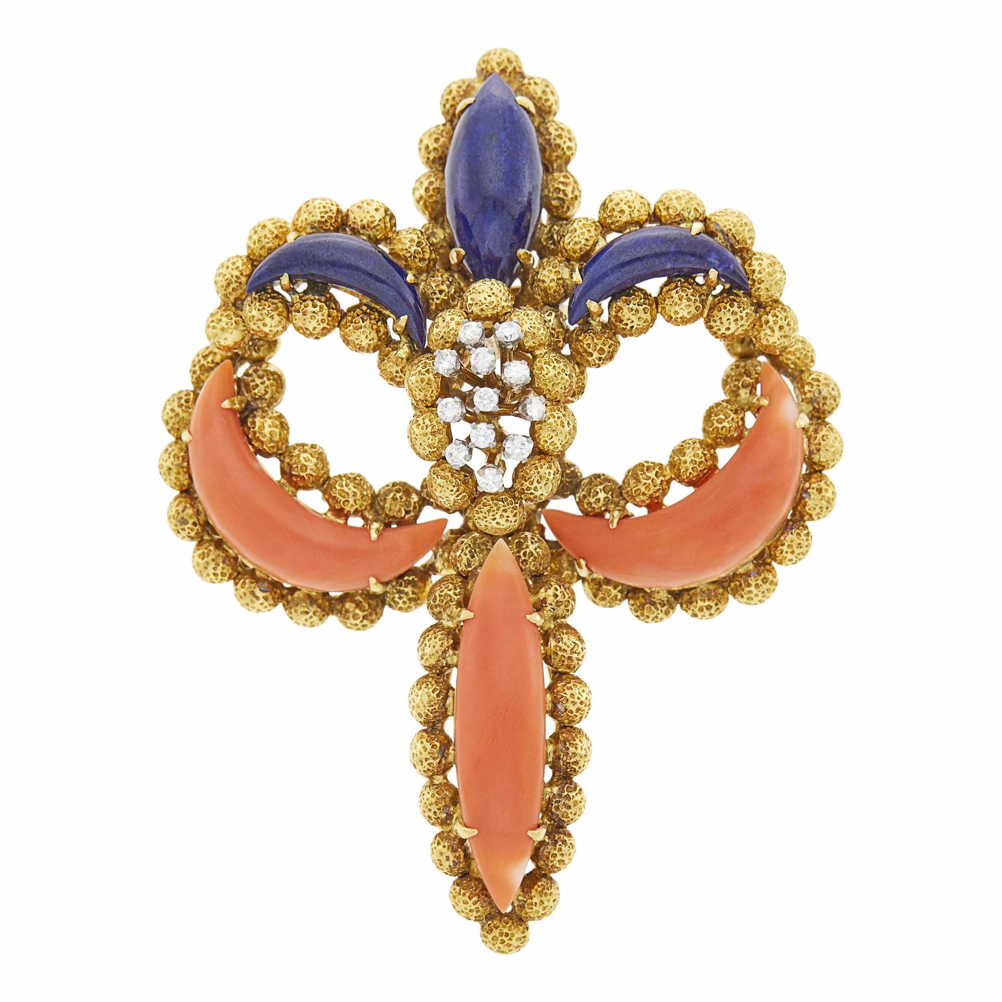 Lot image - Gold, Lapis, Coral and Diamond Fleur-de-lis Pendant Clip-Brooch